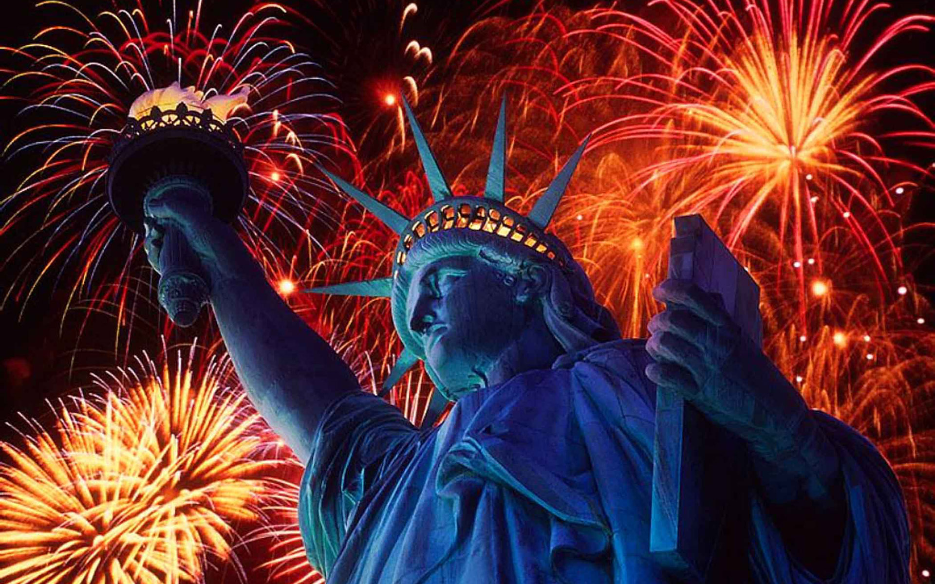 Free download wallpaper Statue Of Liberty, Colors, Colorful, Fireworks, Photography on your PC desktop