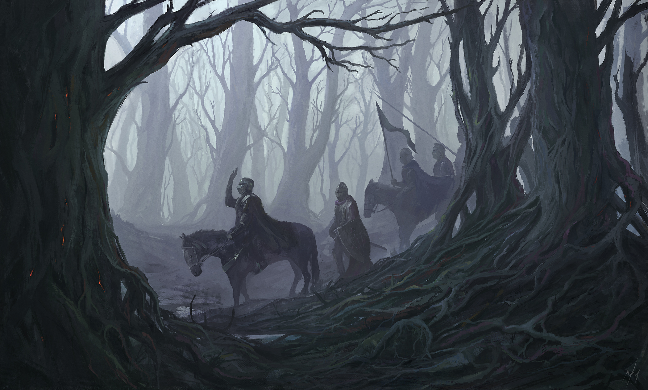 Free download wallpaper Fantasy, Forest, Tree, Warrior, Horse, Knight, Armor on your PC desktop