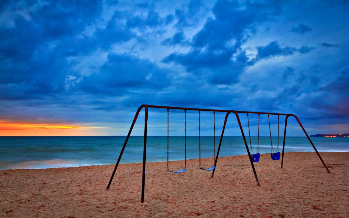 Download mobile wallpaper Sunset, Sky, Beach, Ocean, Swing, Cloud, Photography for free.