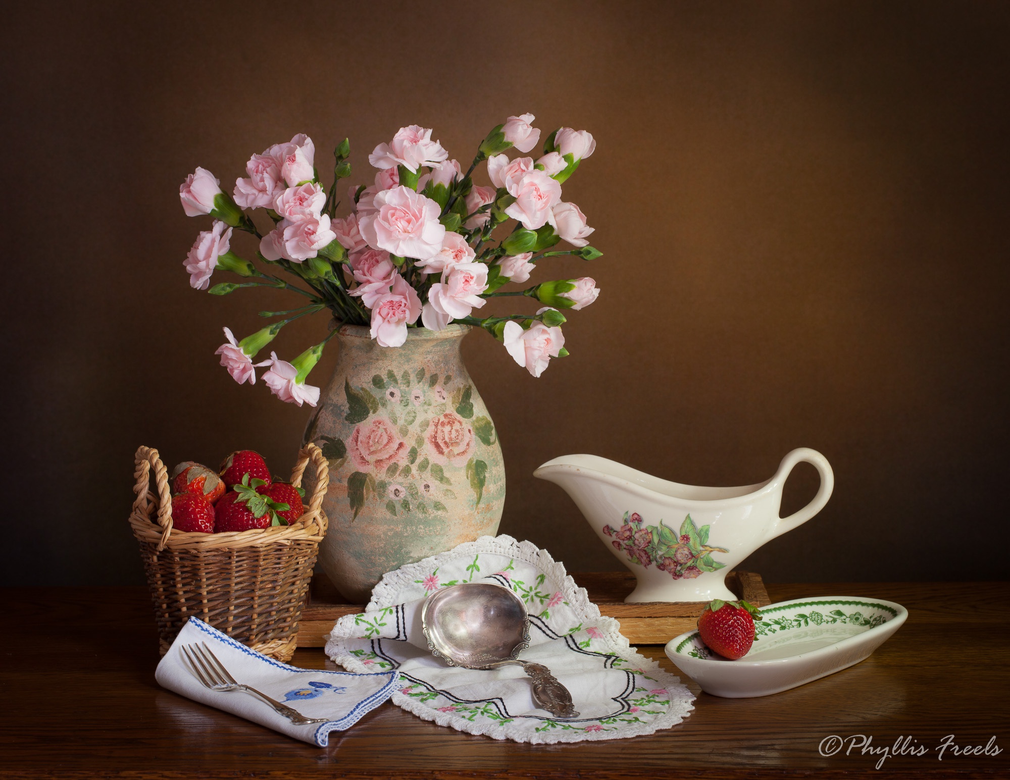flower, food, still life, basket, berry, carnation, napkin, strawberry, vase