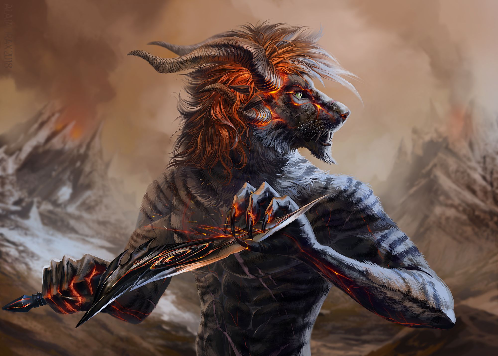Download mobile wallpaper Fantasy, Warrior, Creature, Horns, Dagger for free.