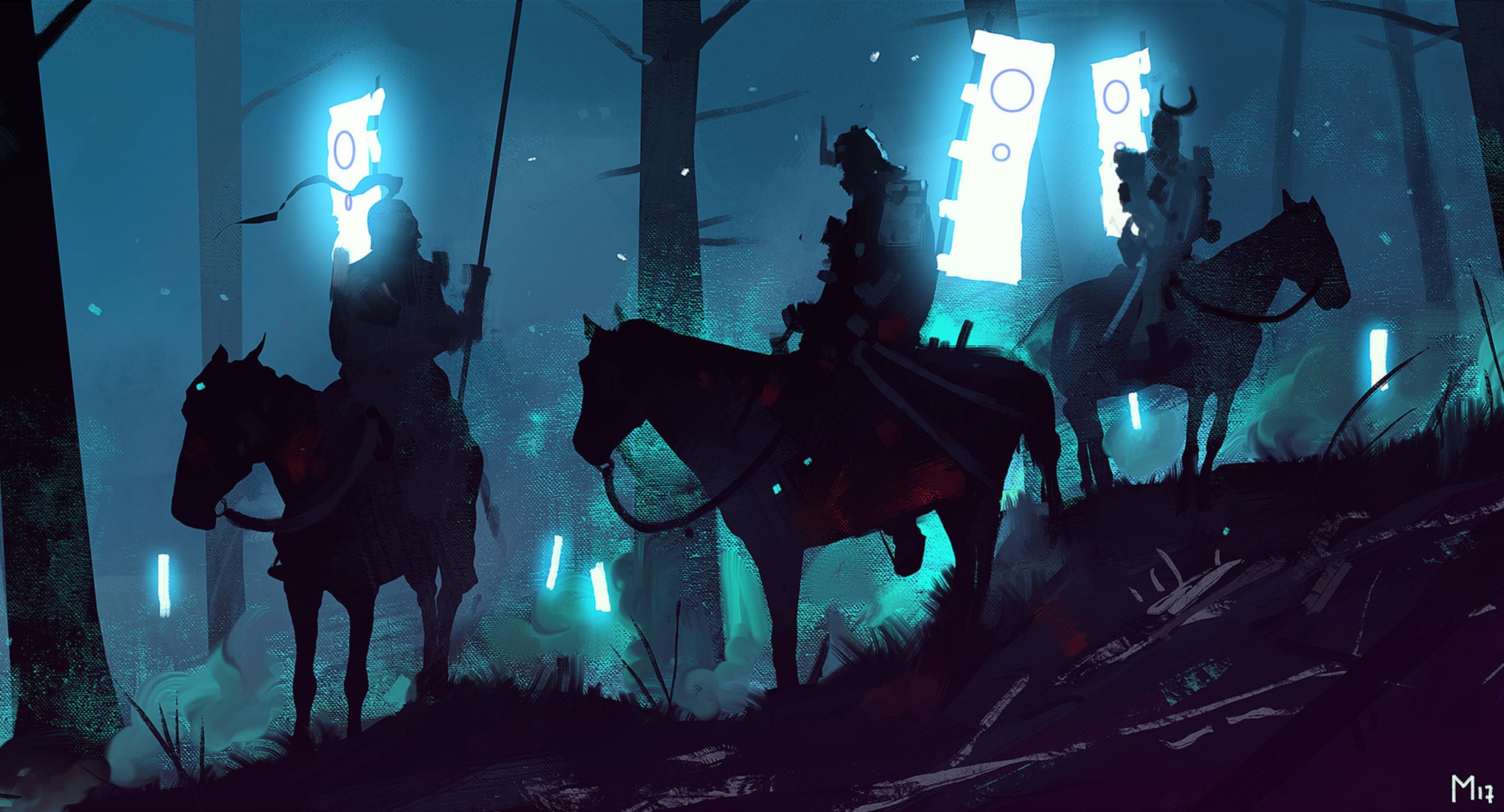 Download mobile wallpaper Fantasy, Night, Warrior, Horse, Samurai, Banner for free.