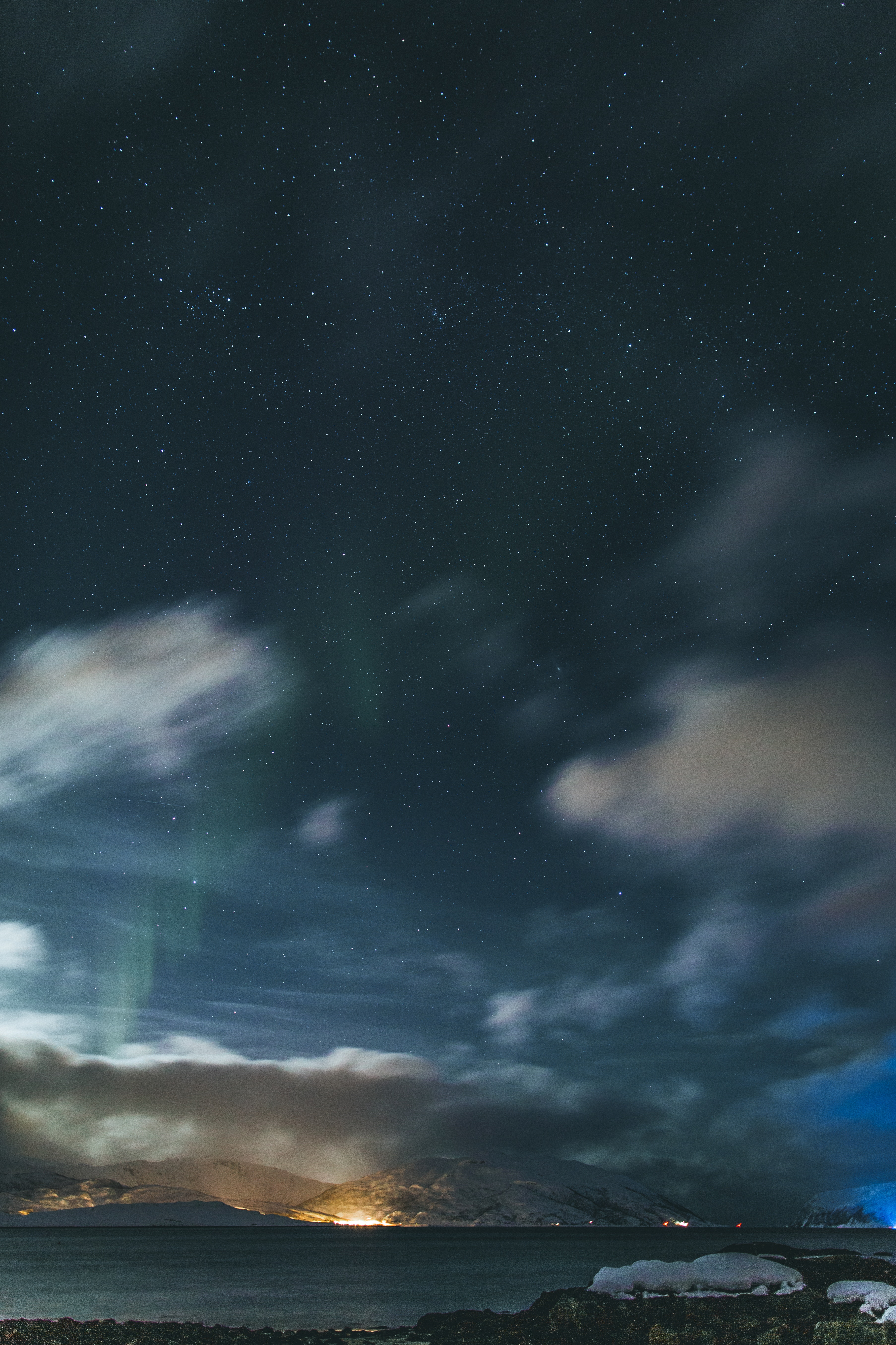 Free download wallpaper Clouds, Starry Sky, Nature, Aurora, Mountains, Night, Landscape on your PC desktop