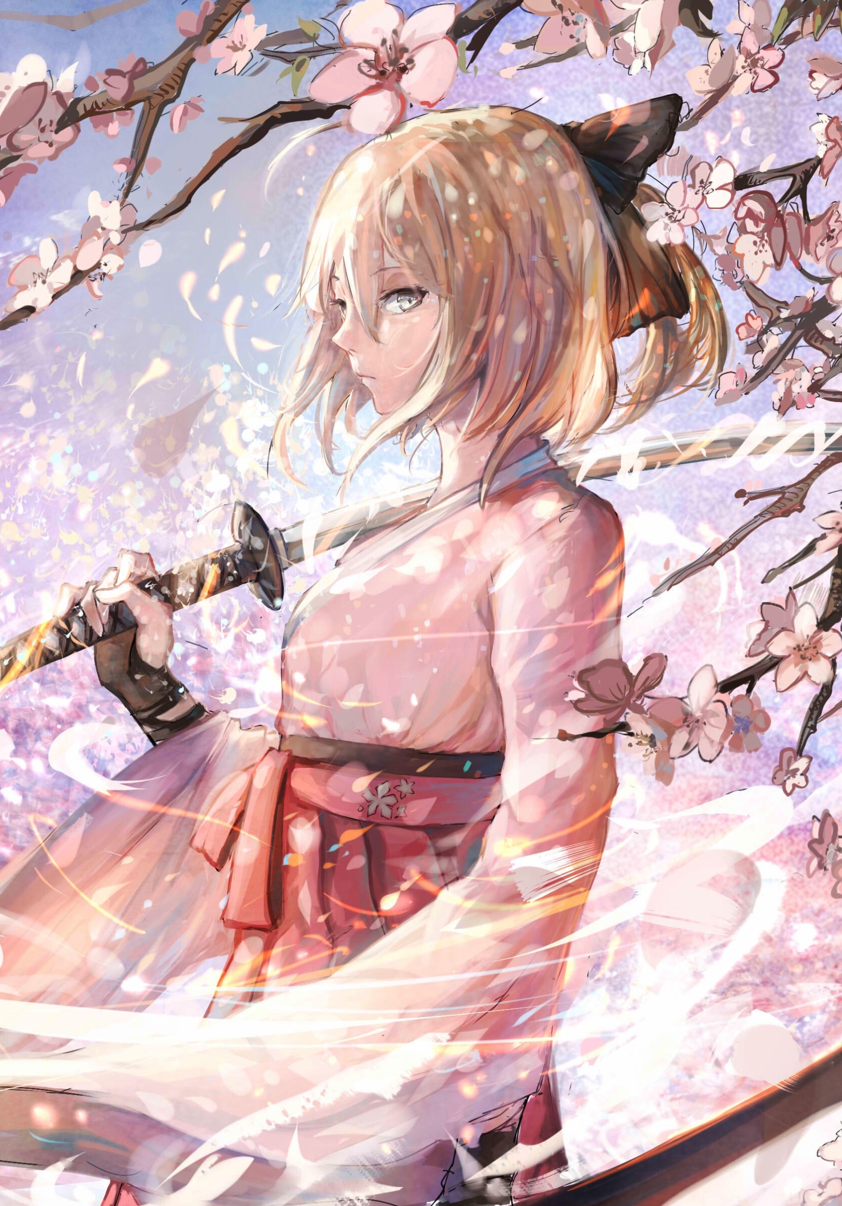 Free download wallpaper Anime, Blonde, Kimono, Katana, Saber (Fate Series), Fate (Series), Sakura Blossom, Fate/grand Order, Fate Series on your PC desktop
