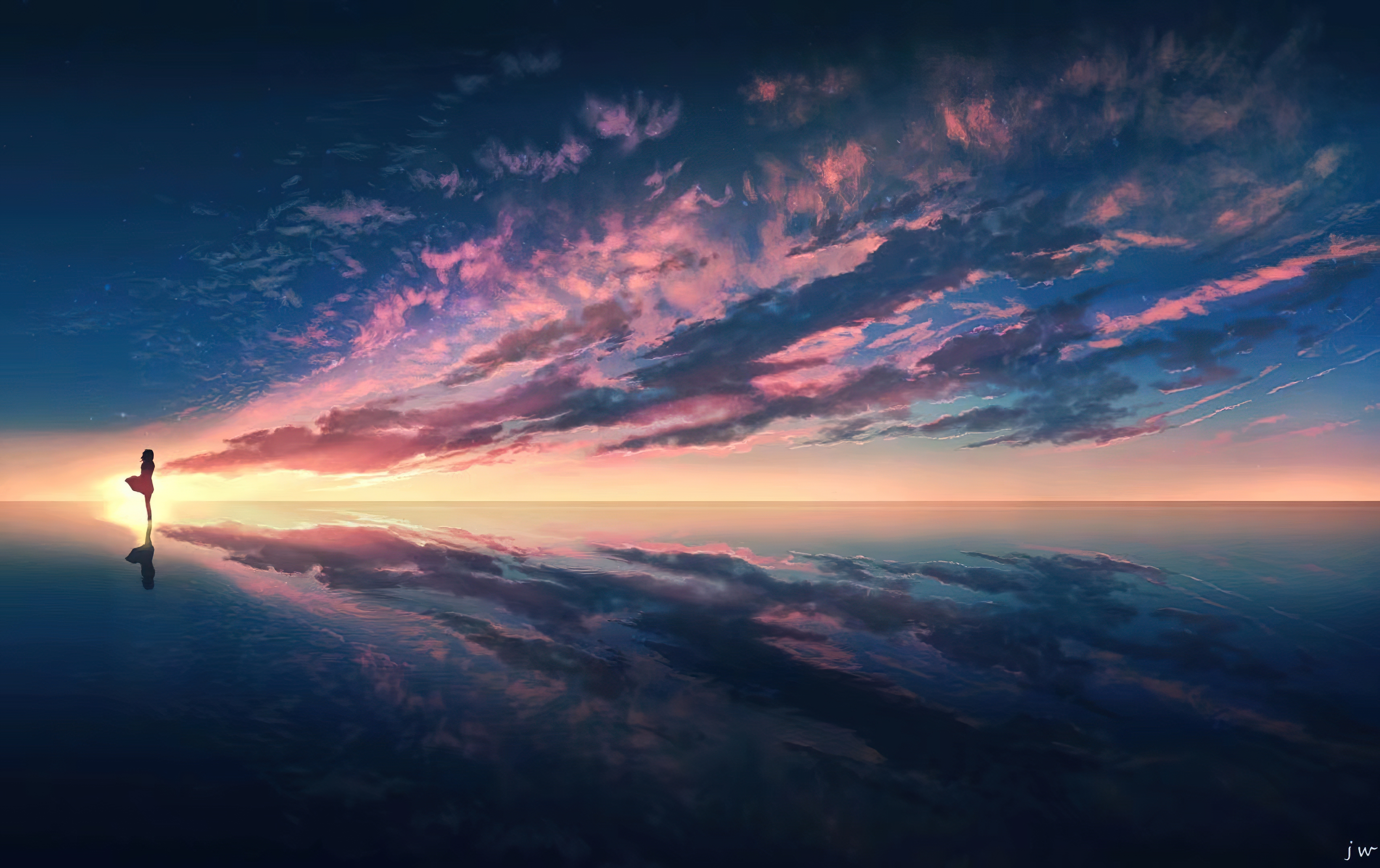 Laden Sie das Horizont, Wolke, Sonnenuntergang, Animes, Spiegelung-Bild kostenlos auf Ihren PC-Desktop herunter