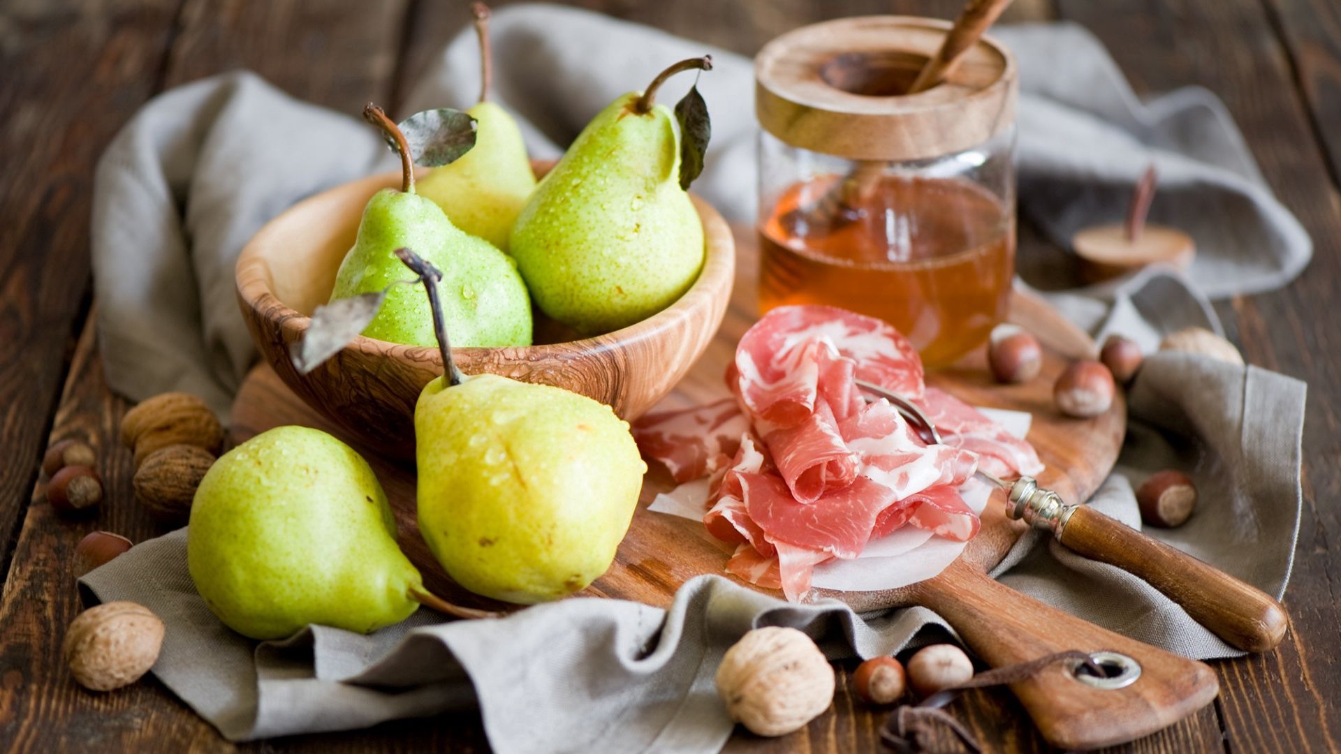 pears, food, still life, nuts, honey, jamon, hamon
