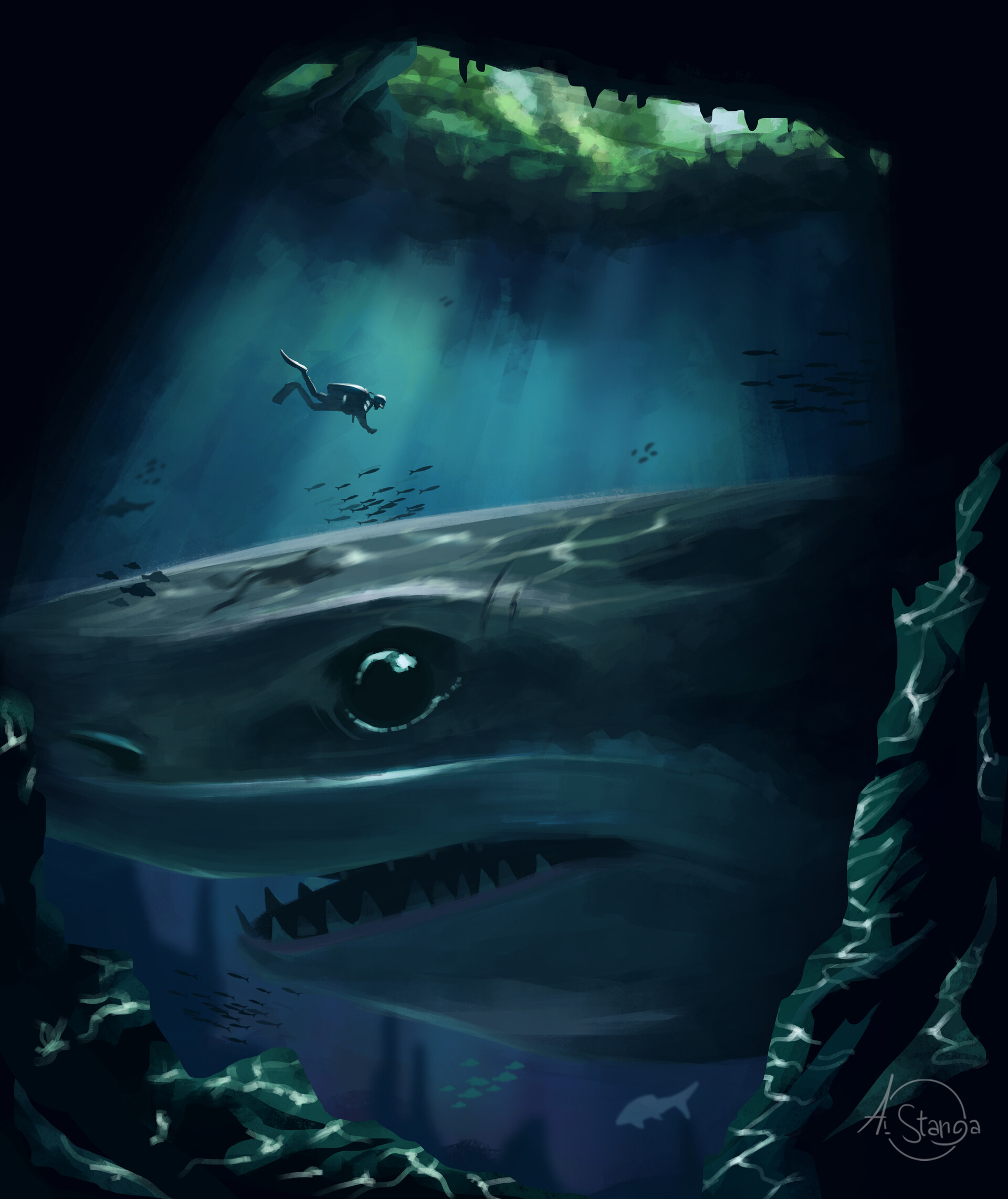 depth, shark, art, under water, diver, cave, underwater
