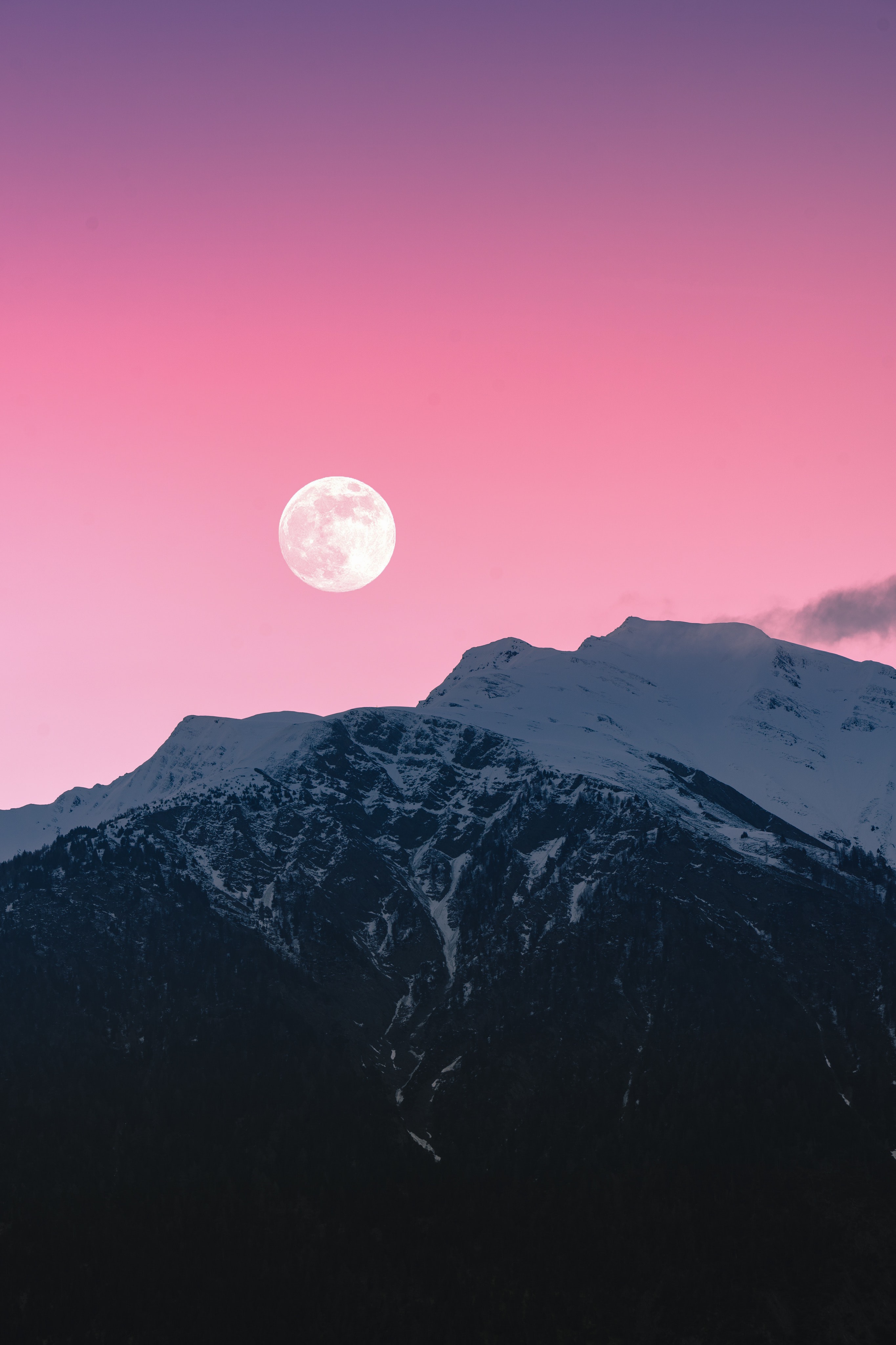 Free download wallpaper Pink, Snow, Rocks, Snow Covered, Snowbound, Mountains, Nature, Moon on your PC desktop