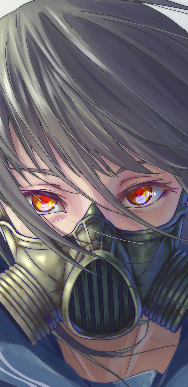 Download mobile wallpaper Anime, Gas Mask, Yellow Eyes, Original, Black Hair, Long Hair for free.