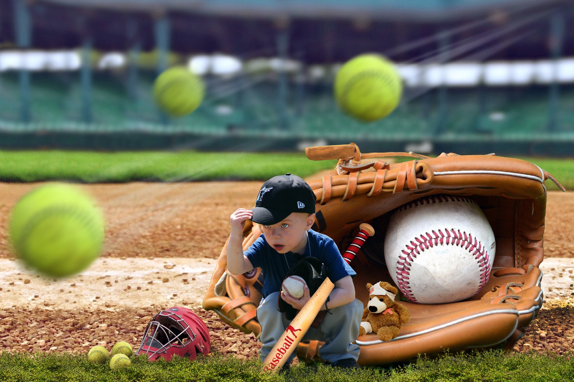 Descarga gratuita de fondo de pantalla para móvil de Bola, Gorra, Niño, Fotografía, Oso De Peluche, Peluche, Manipulación, Bate De Béisbol, Beisbol.