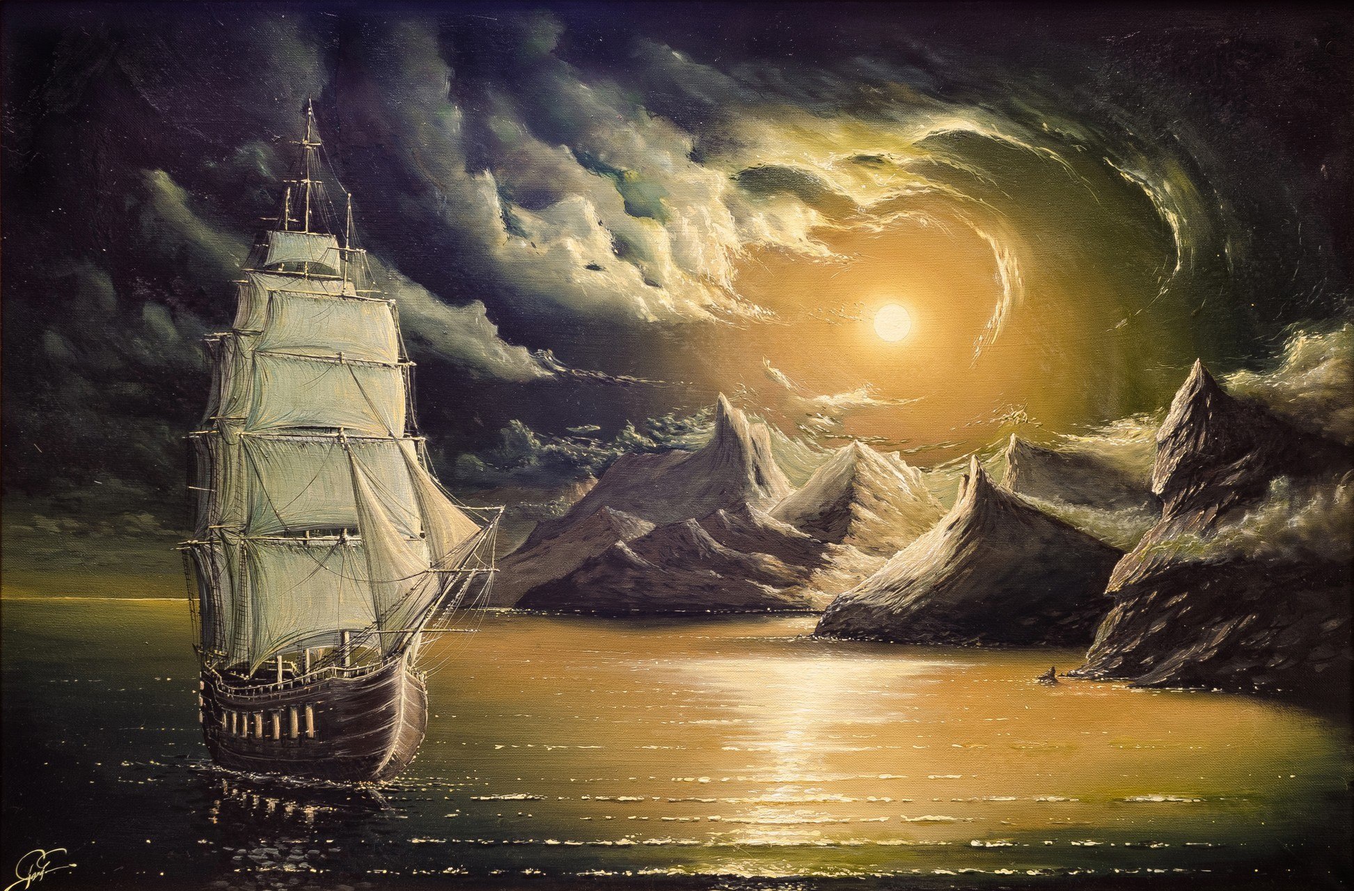 Free download wallpaper Fantasy, Sky, Sun, Ocean, Painting, Ship, Coastline on your PC desktop