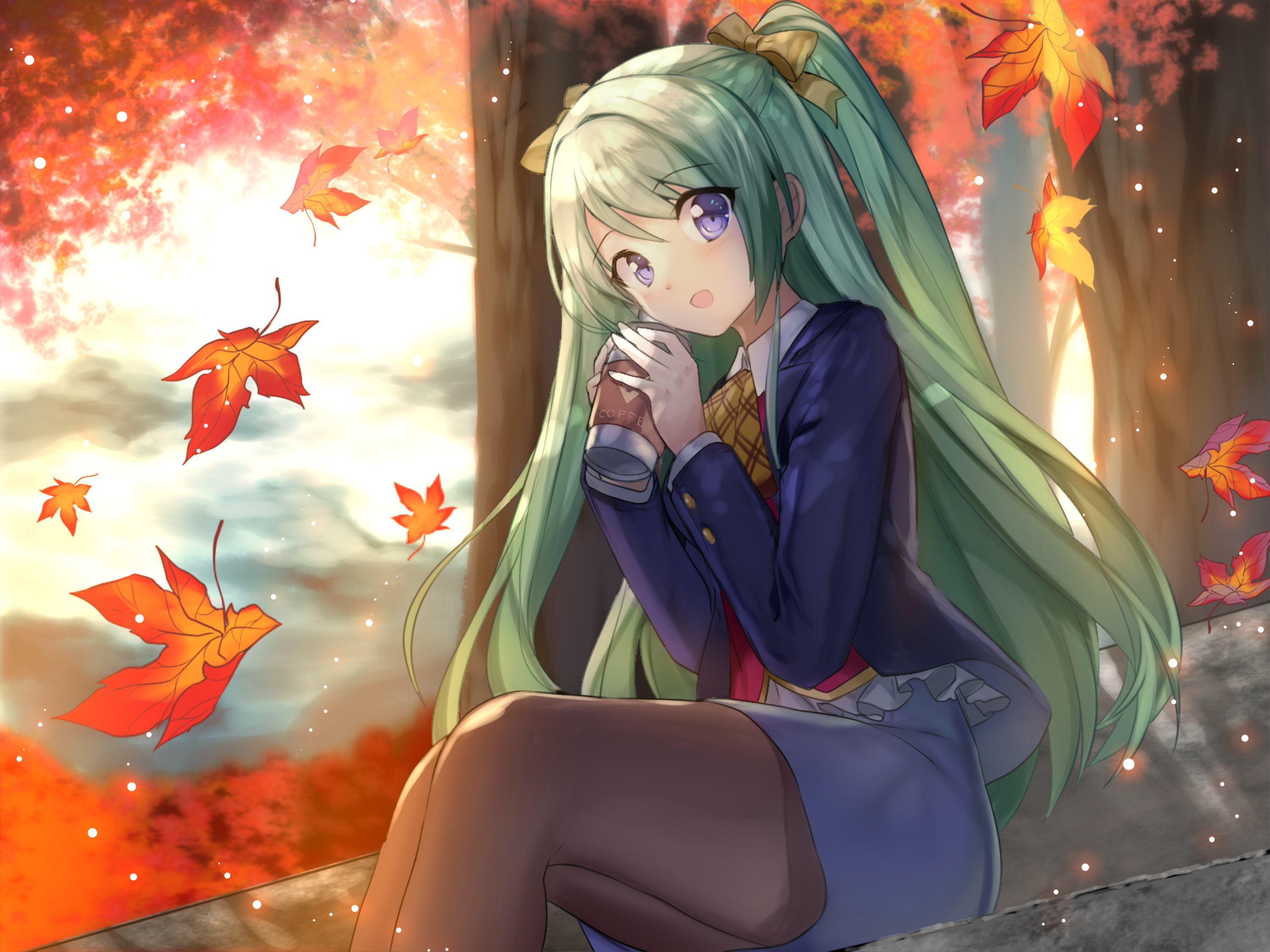 Download mobile wallpaper Anime, Coffee, Green Hair, Blue Eyes, Original, Long Hair, Bow (Clothing) for free.