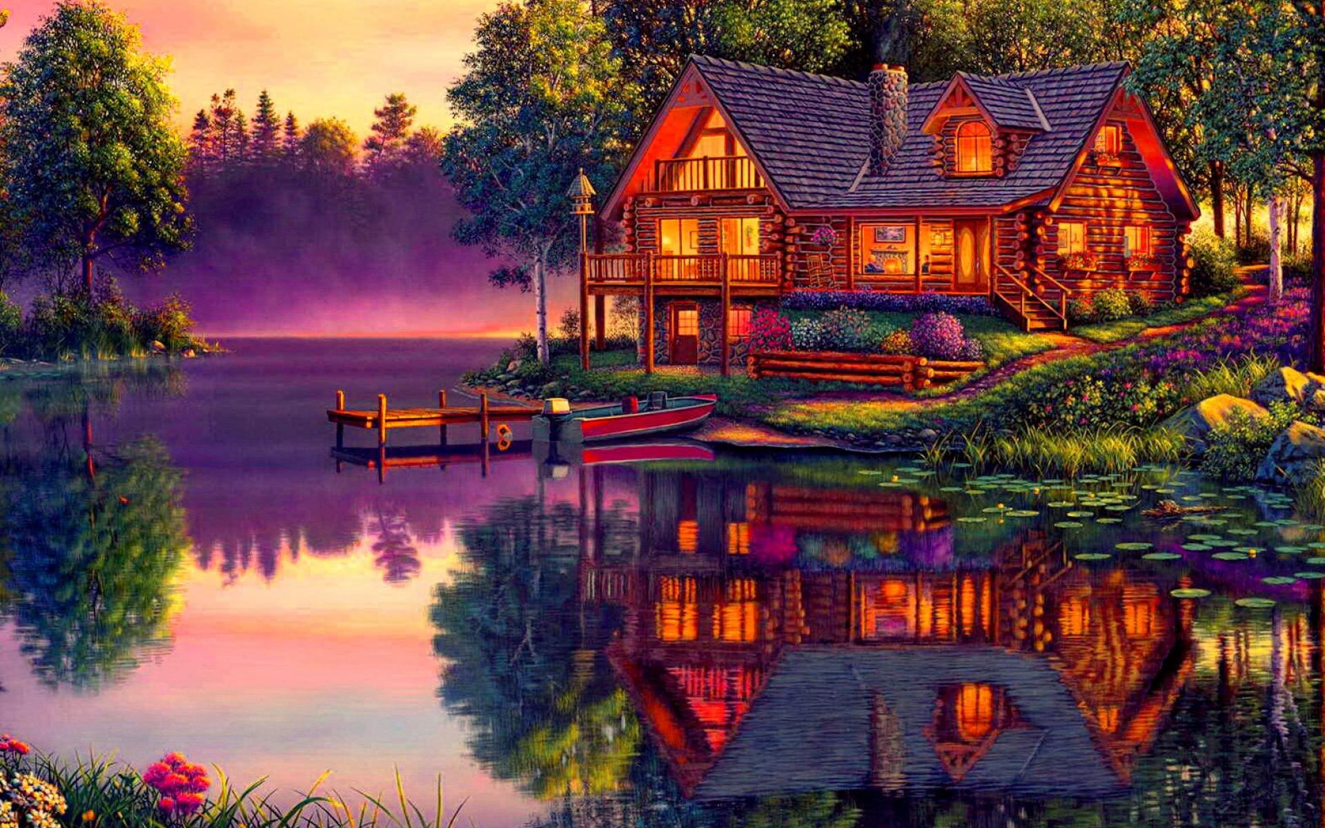 Laden Sie das Landschaft, See, Baum, Haus, Dämmerung, Boot, Hütte, Künstlerisch, Spiegelung-Bild kostenlos auf Ihren PC-Desktop herunter