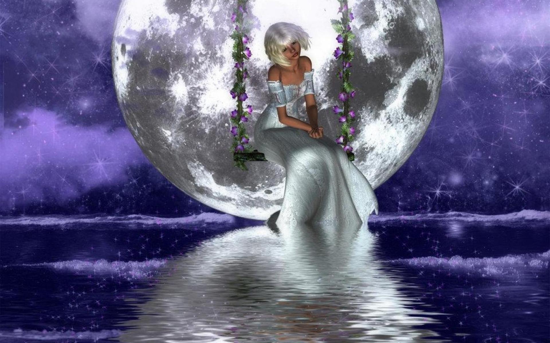 Download mobile wallpaper Fantasy, Moon, Flower, Swing, Sad, White Hair, White Dress for free.