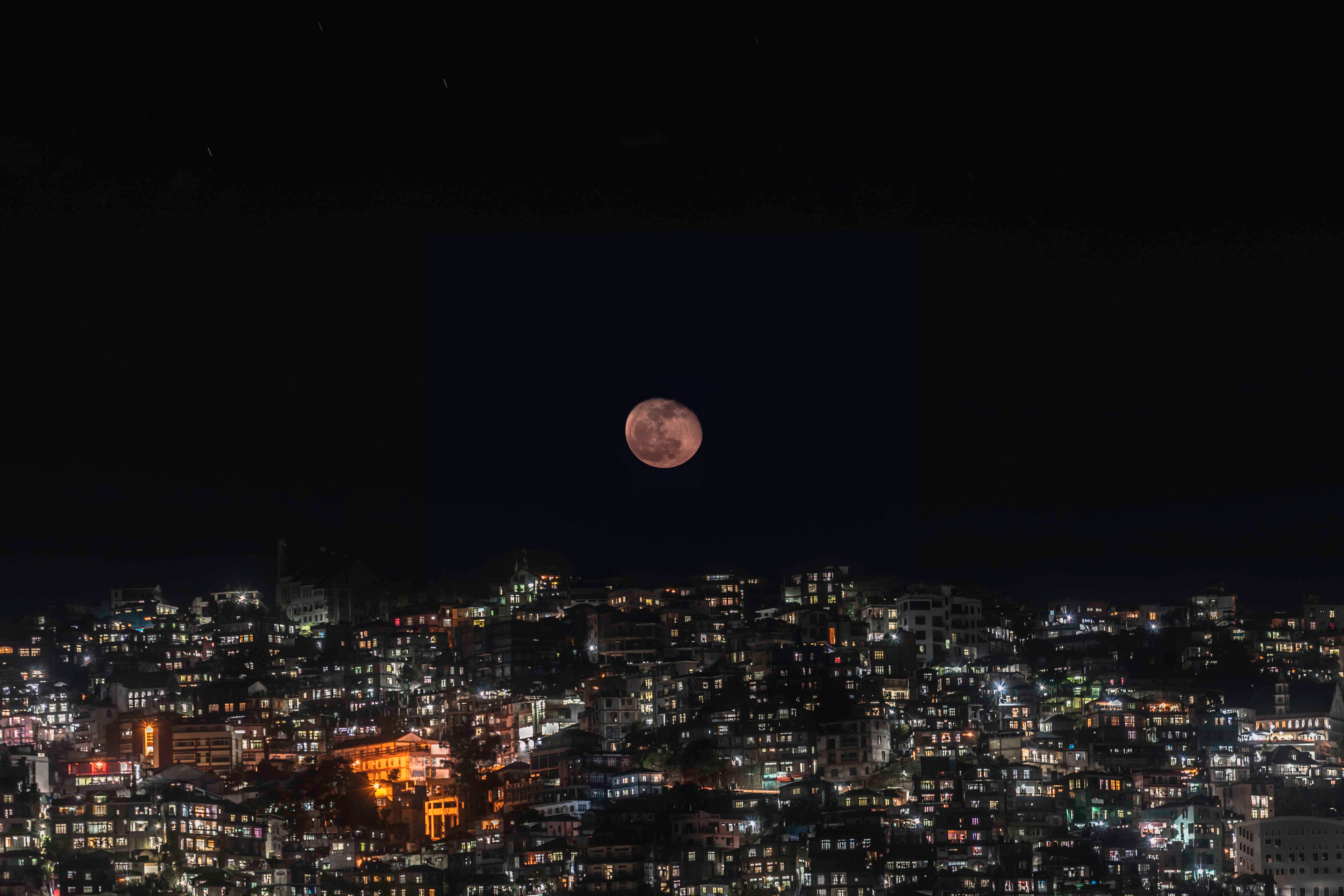 moon, cities, night, night city, darkness, full moon Panoramic Wallpaper
