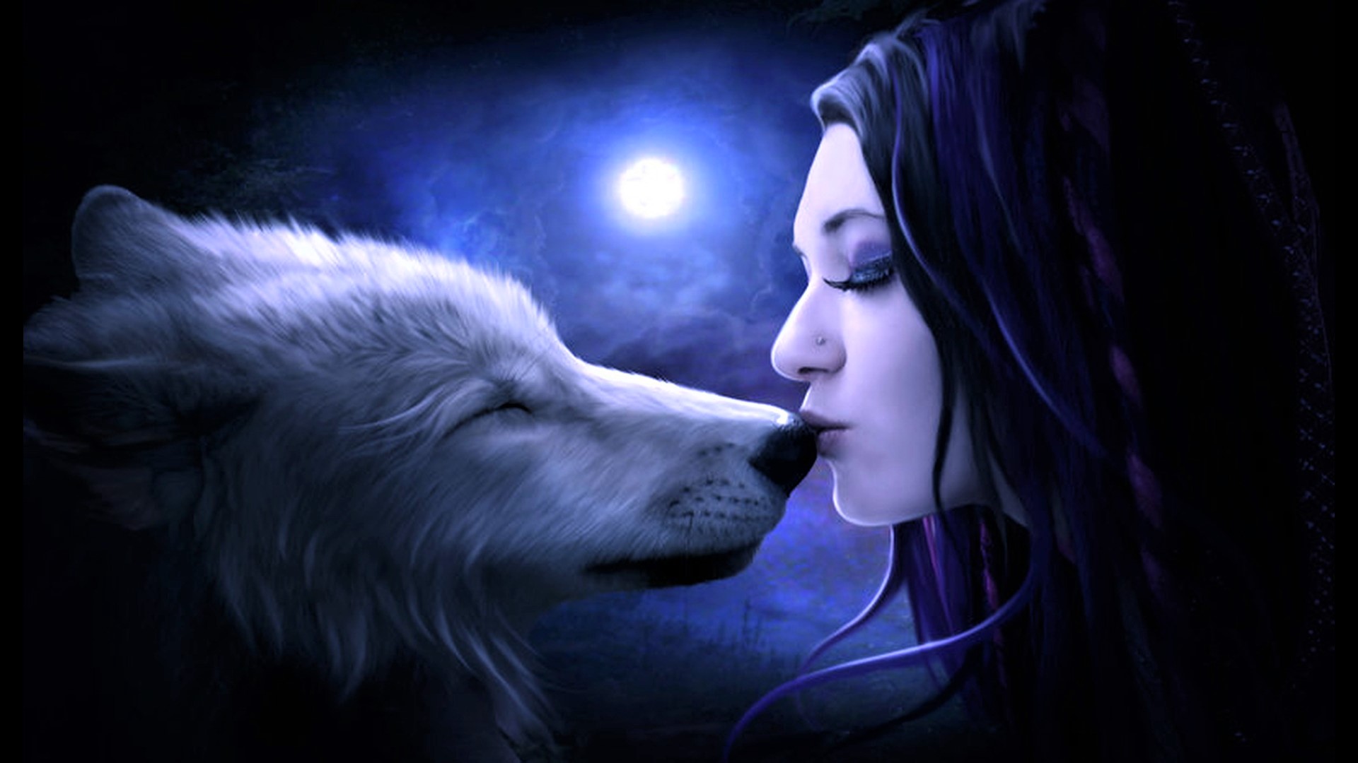 Download mobile wallpaper Fantasy, Moon, Wolf, Kiss, Women, White Wolf for free.