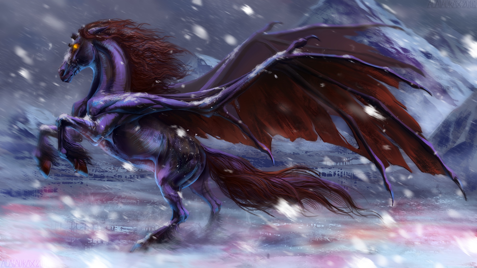 Laden Sie das Fantasie, Pegasus, Schneefall, Hauspferd, Fantasietiere-Bild kostenlos auf Ihren PC-Desktop herunter