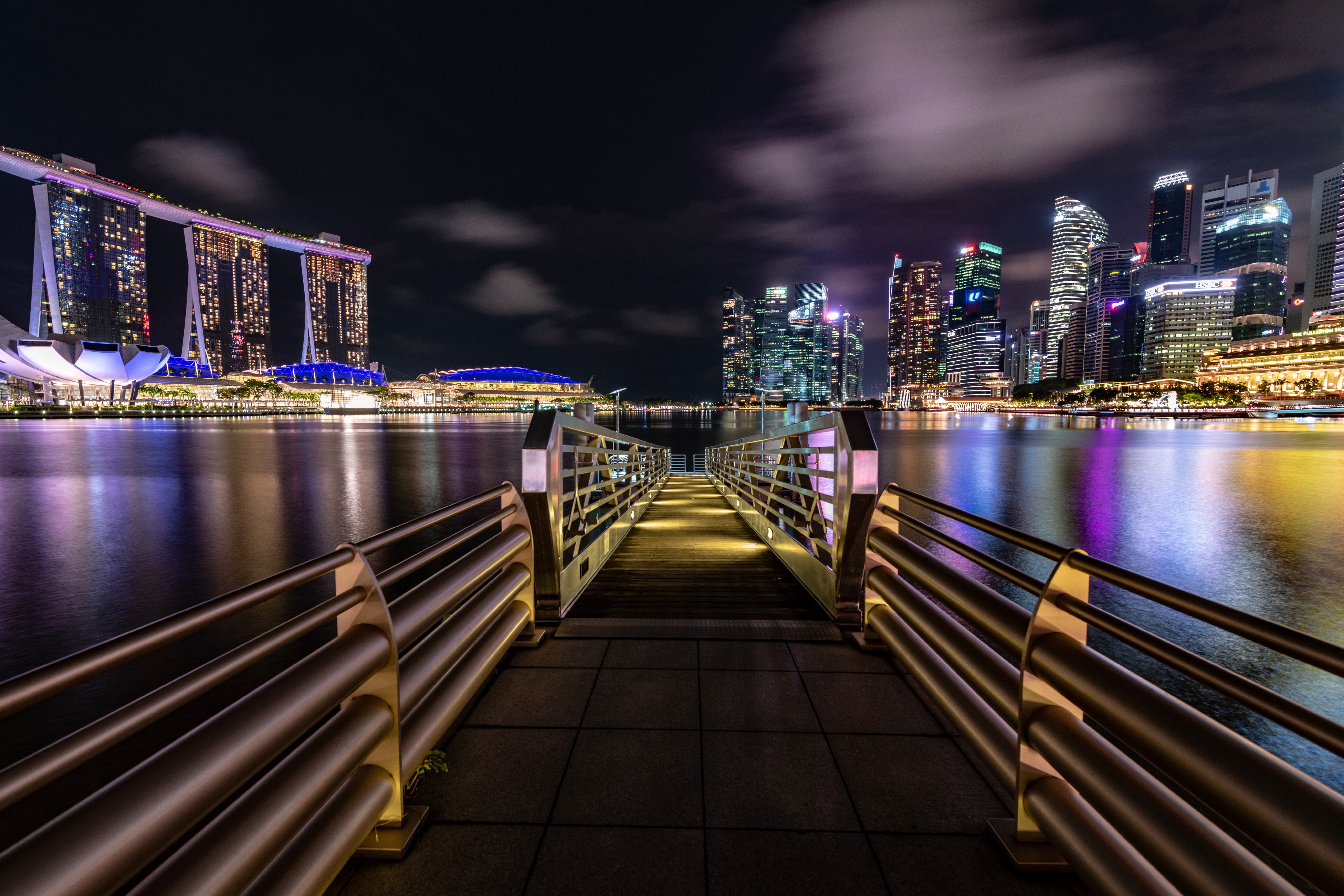 night city, shore, cities, bank, pier, city lights, wharf, singapore