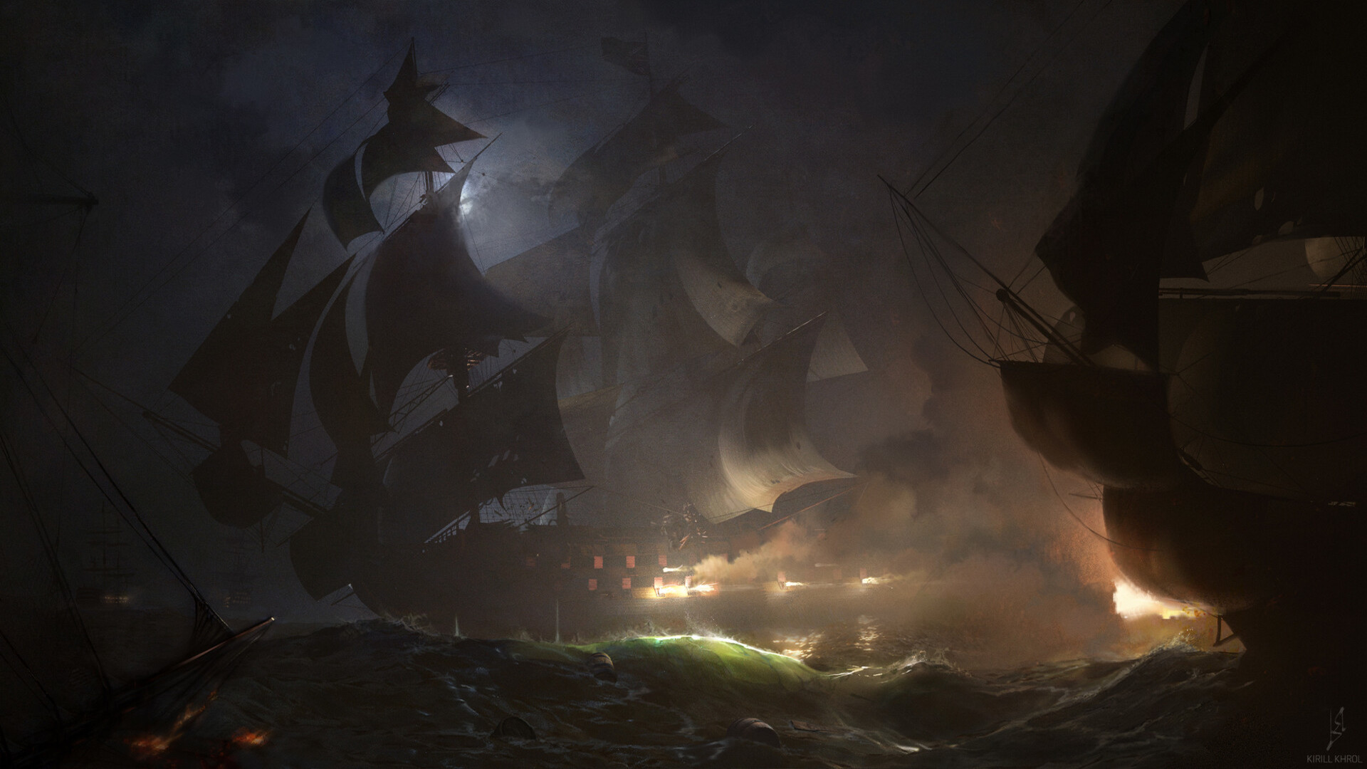 Download mobile wallpaper Fantasy, Night, Battleship, Ship, Battle for free.