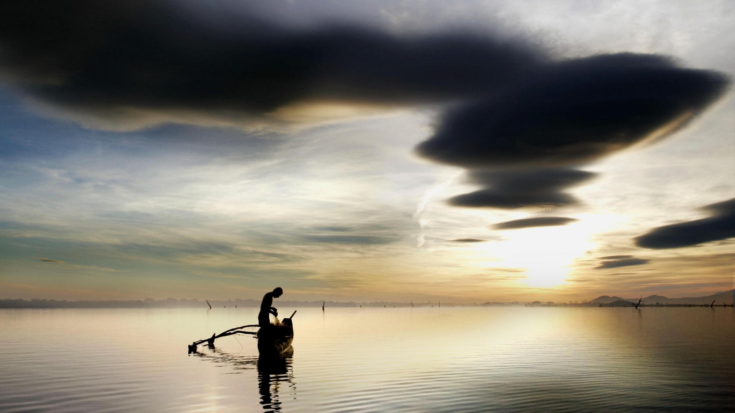 photography, fisherman, boat, cloud, fishing, lake, sky, sunrise