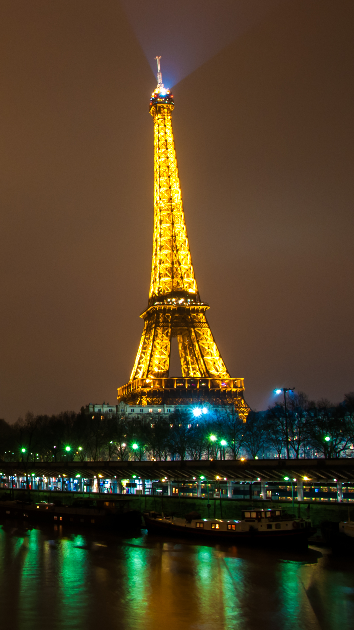 Download mobile wallpaper Night, Paris, Eiffel Tower, Monuments, City, Light, Vintage, France, River, Europe, Skyline, Man Made for free.