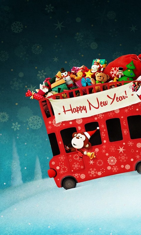 無料モバイル壁紙クリスマス, おもちゃ, 猿, 贈り物, バス, ホリデー, サンタハット, あけましておめでとうをダウンロードします。