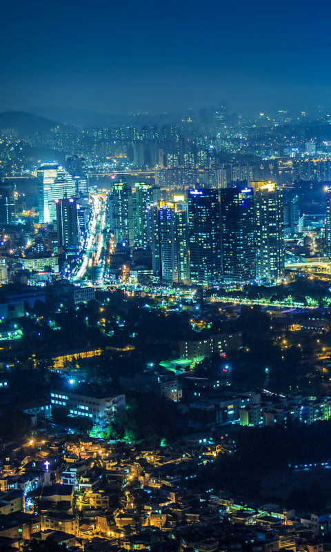 Download mobile wallpaper Cities, Night, City, Skyscraper, Building, Light, Cityscape, Seoul, South Korea, Aerial, Man Made for free.