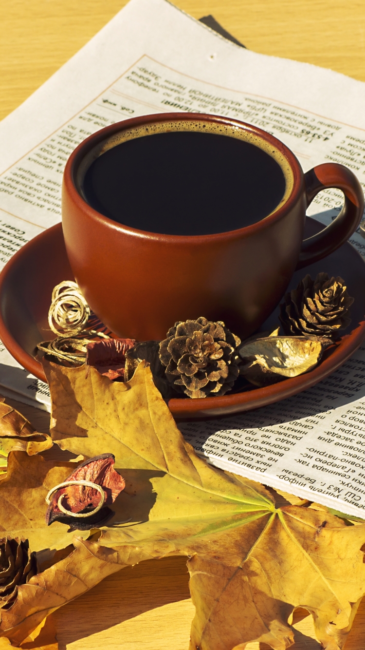 Handy-Wallpaper Herbst, Tasse, Blatt, Nahrungsmittel, Kaffee kostenlos herunterladen.