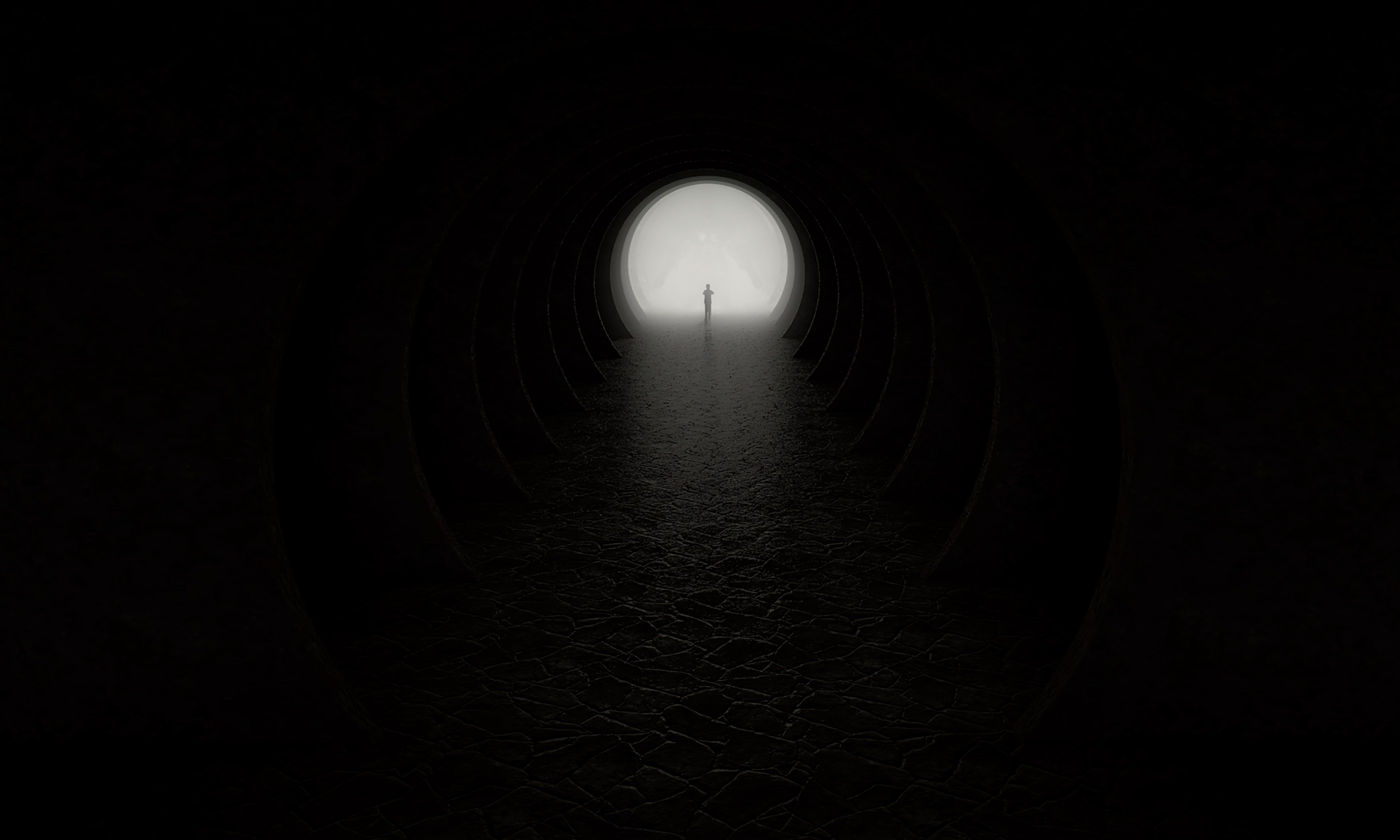 black, silhouette, darkness, circle, cave, output, exit