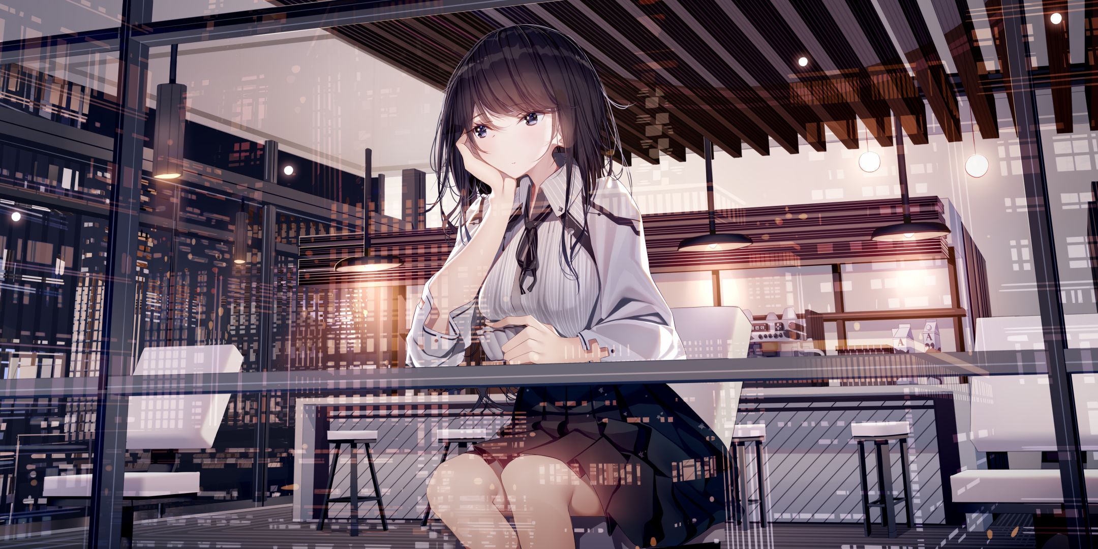 anime, girl, cafe