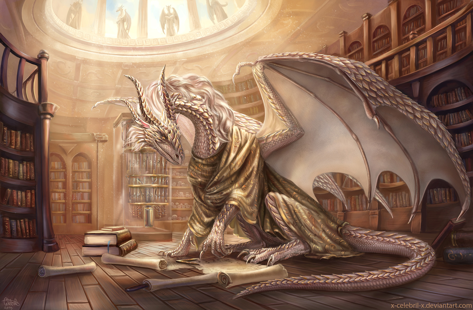 Free download wallpaper Fantasy, Dragon, Book, Library on your PC desktop