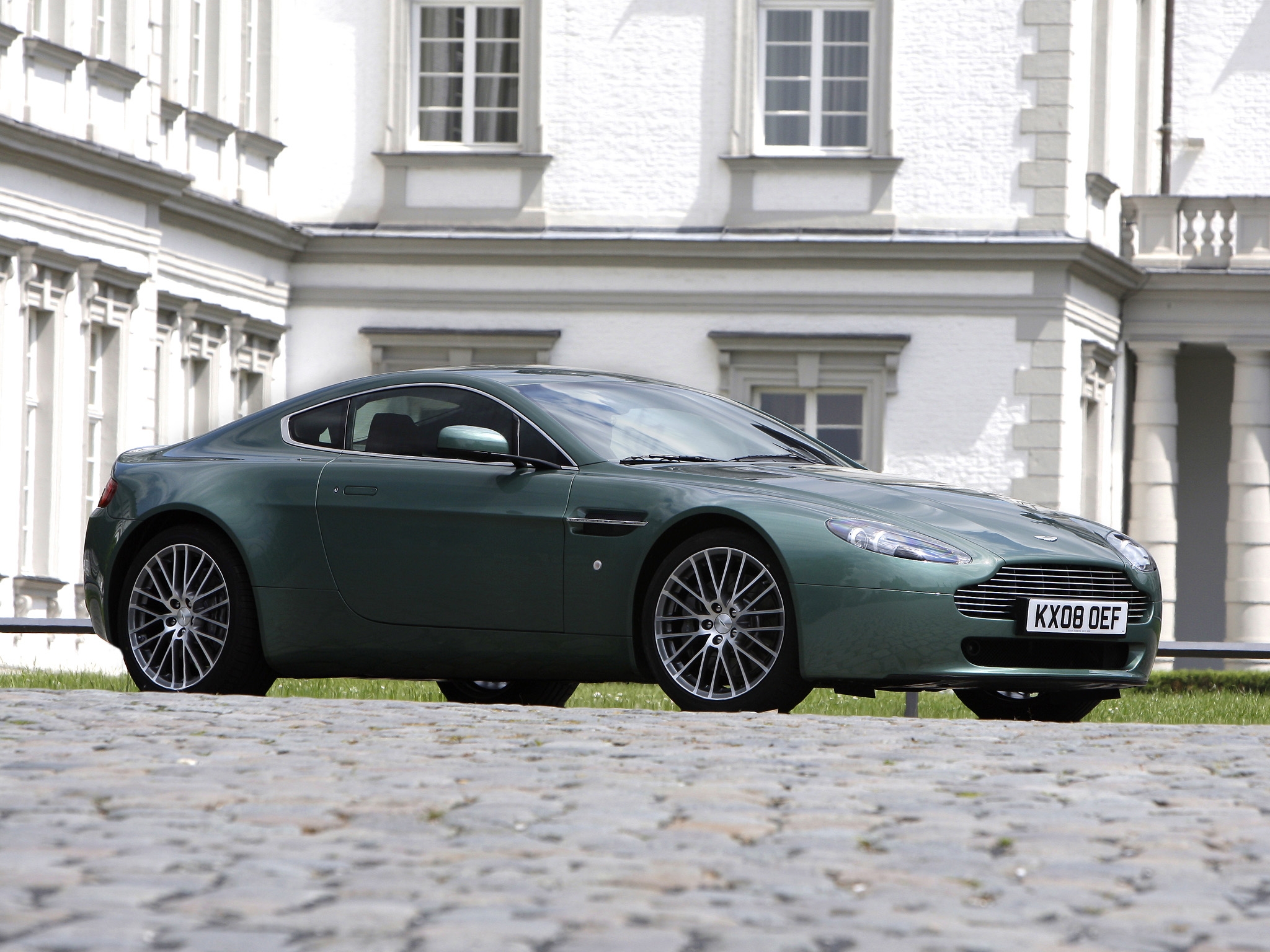 aston martin, cars, green, building, side view, style, 2008, v8, vantage