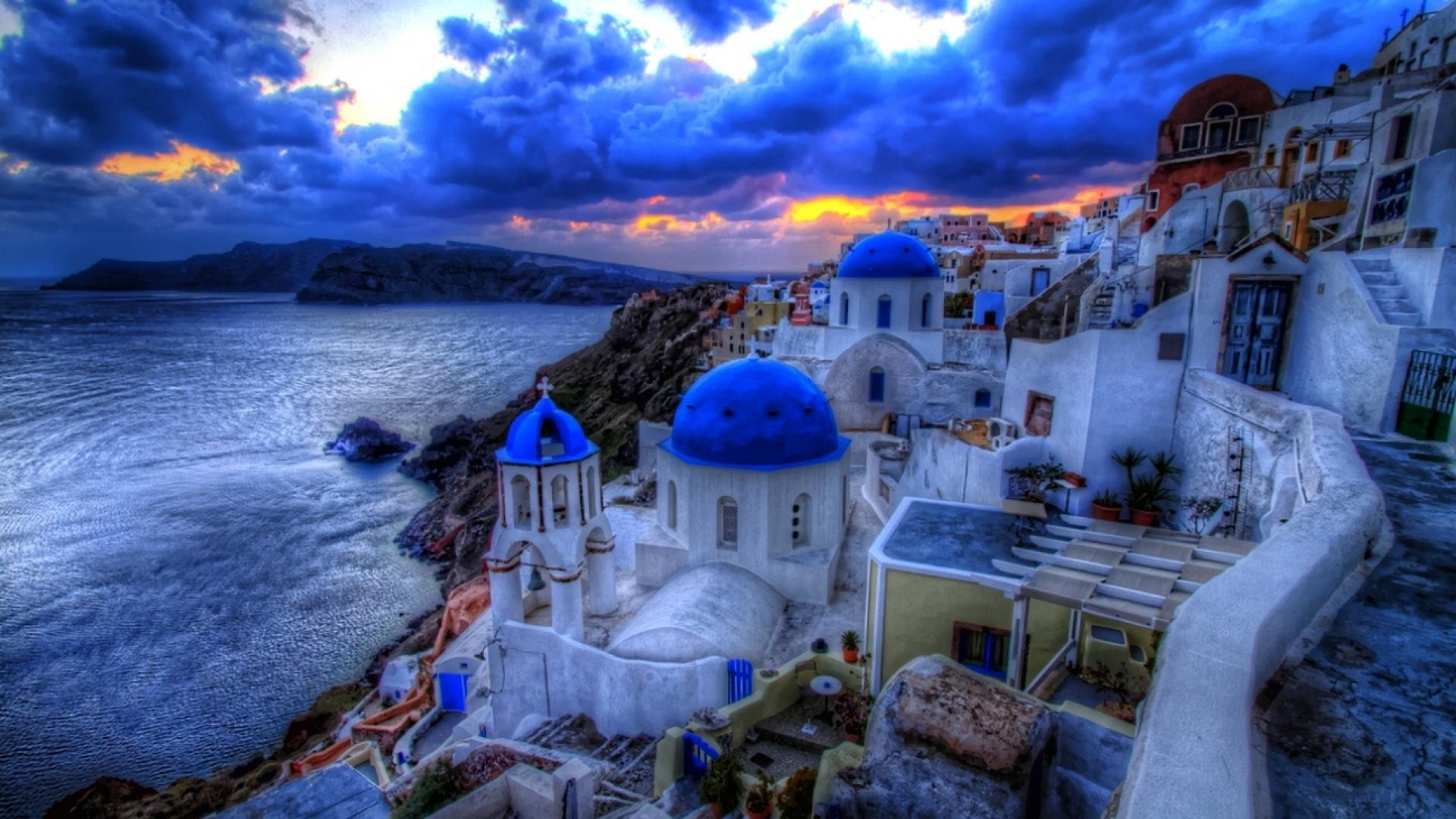 santorini, hdr, greece, man made, blue, cloud, house, sky, sunset, white, towns