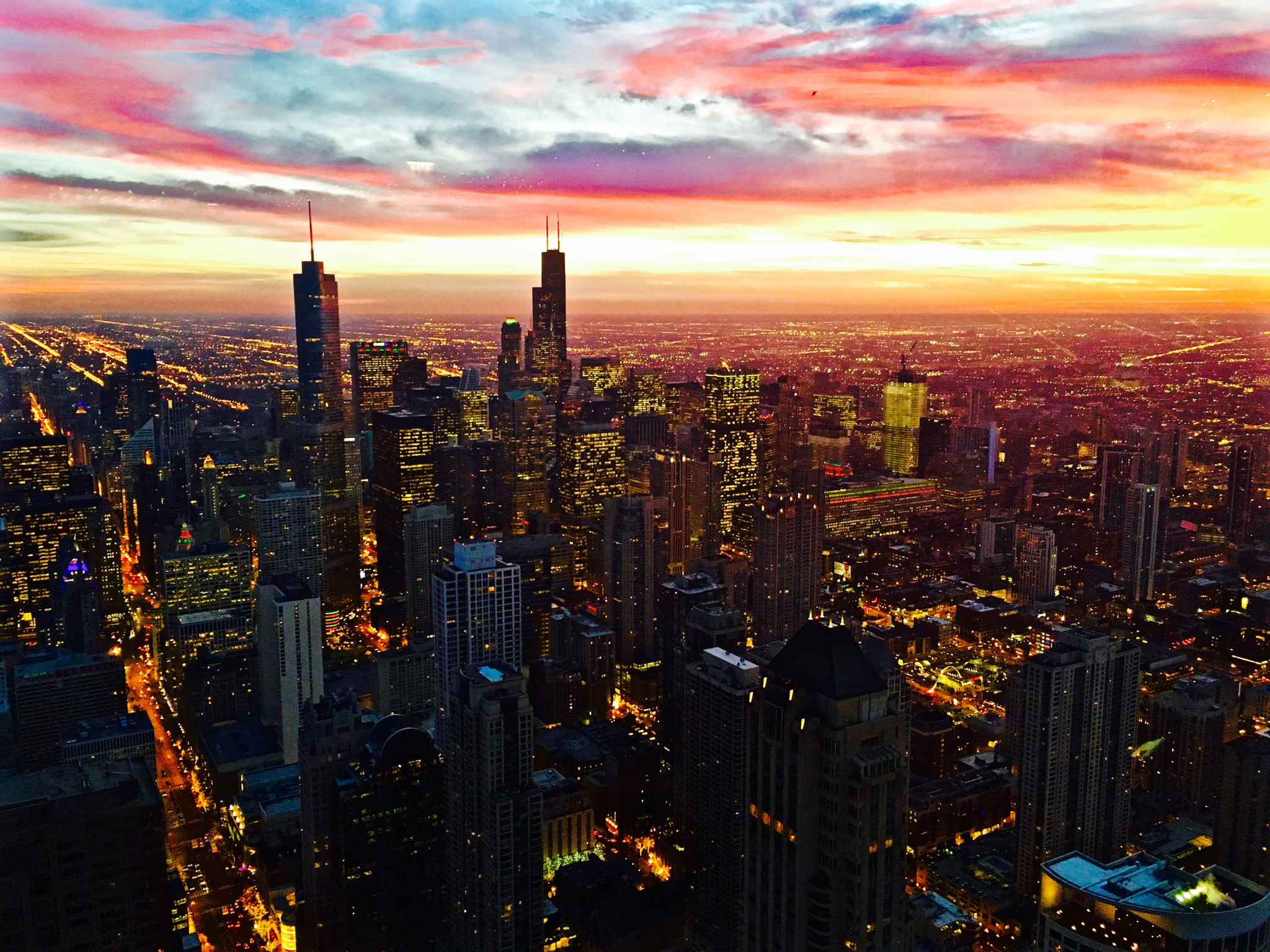 PCデスクトップに都市, 日没, 街, 超高層ビル, 建物, 地平線, シカゴ, アメリカ合衆国, マンメイド画像を無料でダウンロード