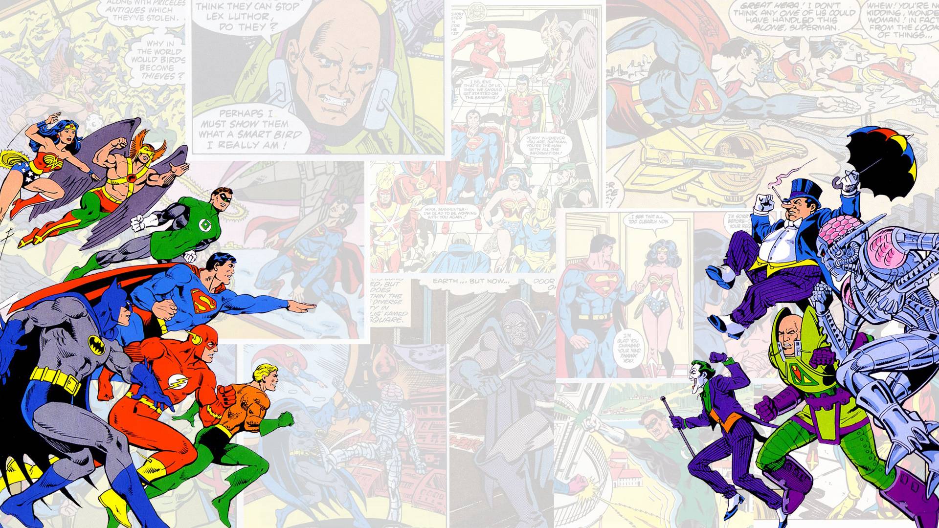 612330 скачать обои комиксы, комиксы dc, аквамен, бэтмен, диана принс, флеш, зелёный фонарь, хэл джордан, человек ястреб (dc comics), джокер, лекс лютор, металло, пингвин (комиксы dc), супермен, чудо женщина - заставки и картинки бесплатно