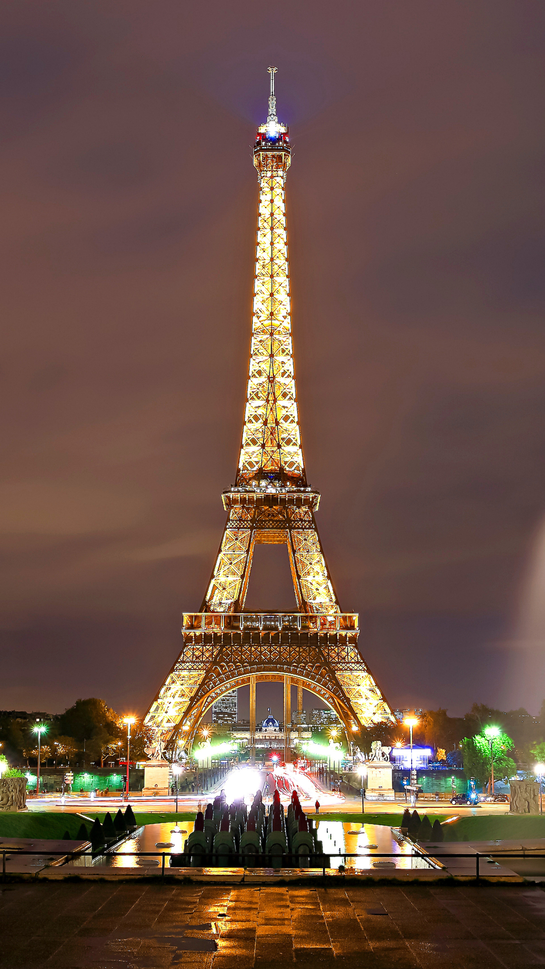 Download mobile wallpaper Night, Paris, Eiffel Tower, Monuments, Fountain, Light, Man Made for free.