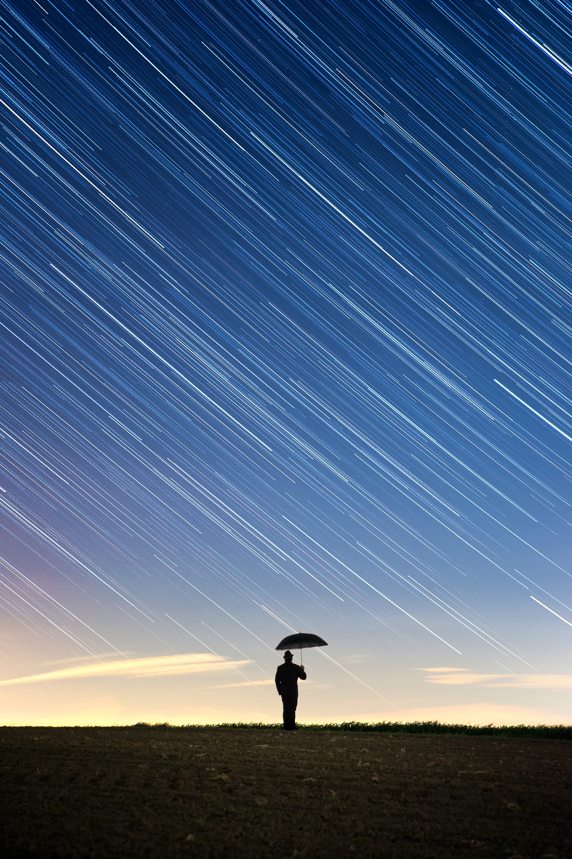 Download mobile wallpaper Miscellaneous, Traffic, Movement, Field, Long Exposure, Miscellanea, Silhouette, Starry Sky for free.