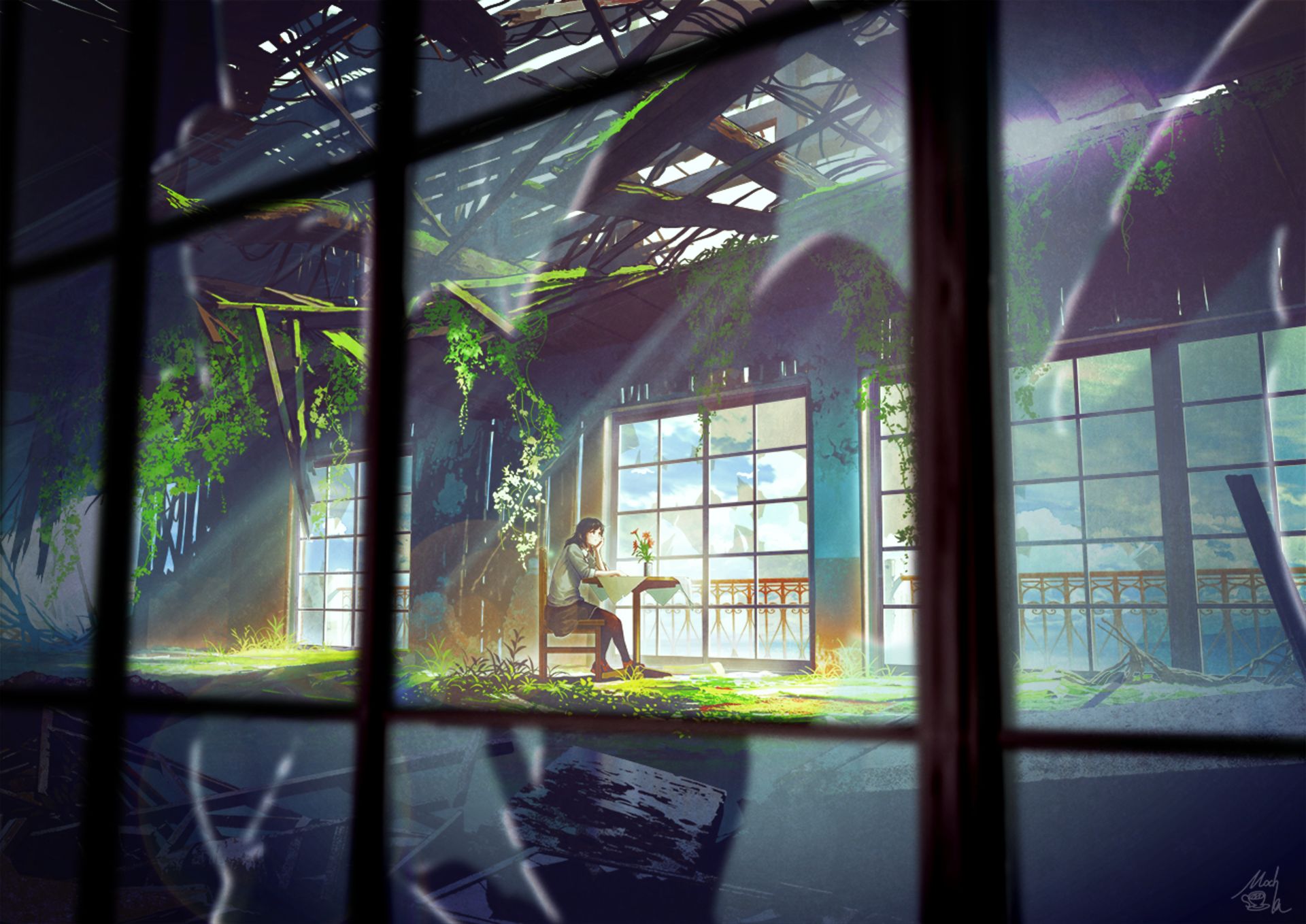 Download mobile wallpaper Anime, Glass, Window, Table, Room, Abandoned, Greenery for free.
