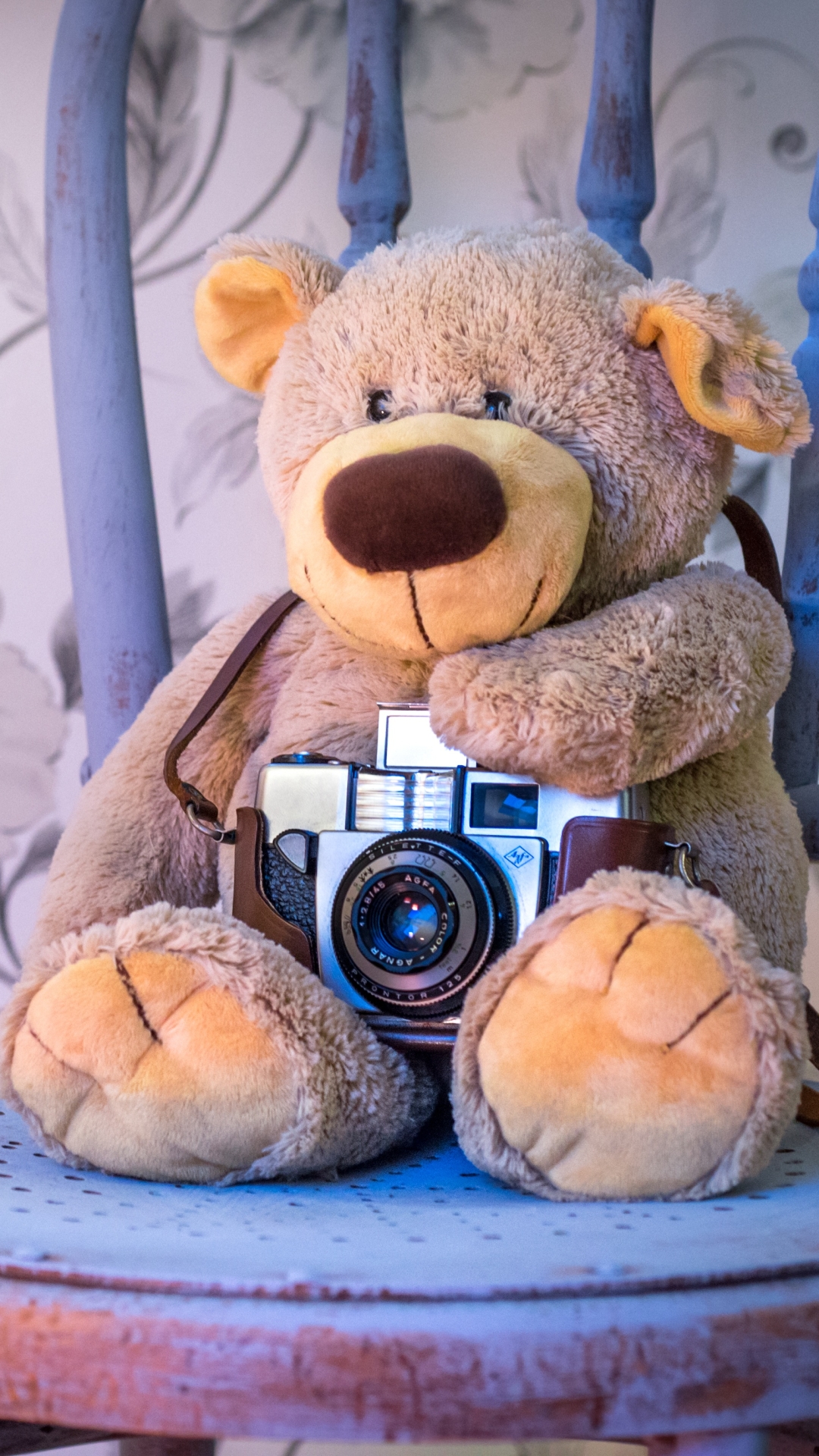 Download mobile wallpaper Teddy Bear, Still Life, Chair, Camera, Man Made, Stuffed Animal for free.