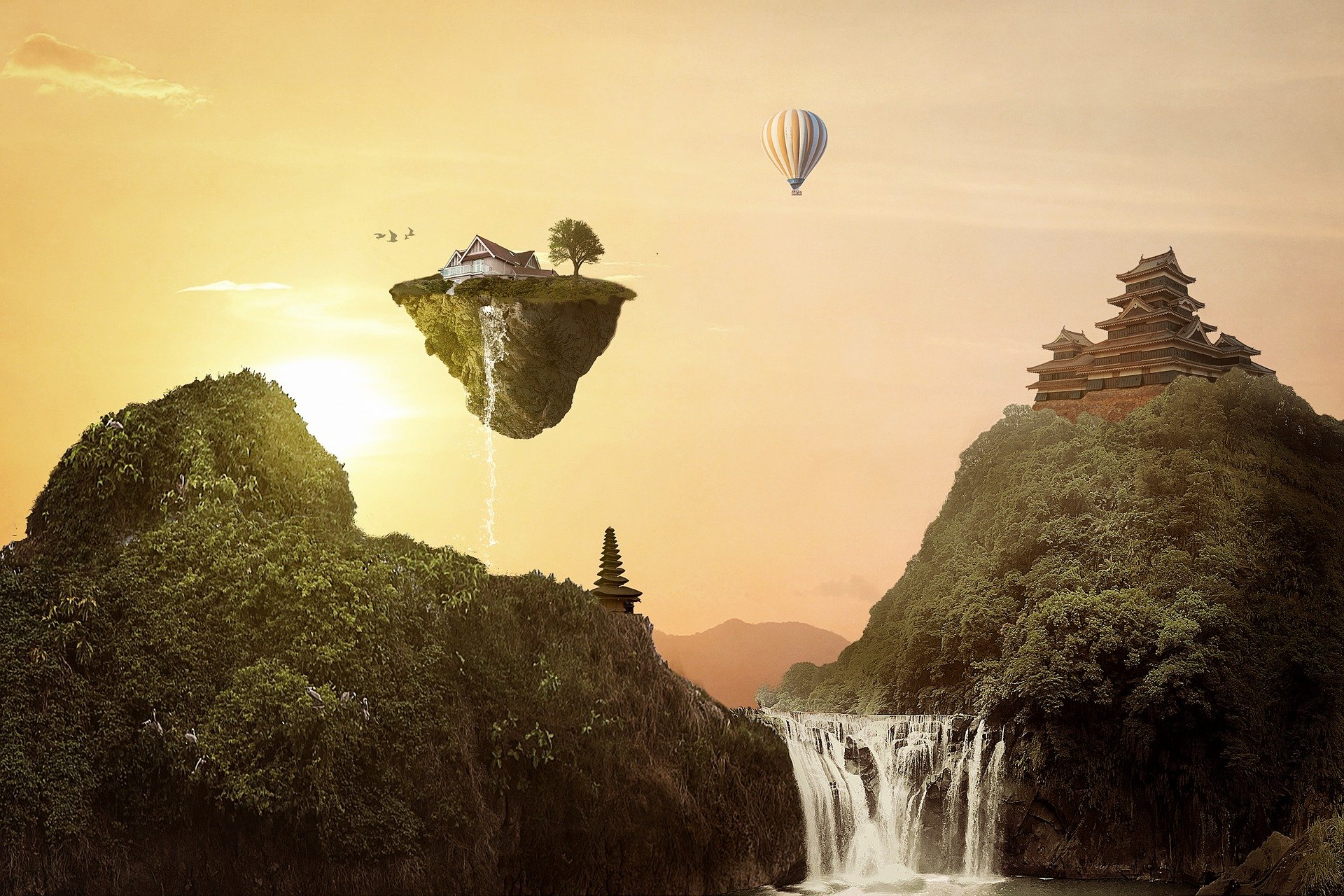 Download mobile wallpaper Fantasy, Mountain, Waterfall, Island, Floating Island, Hot Air Balloon for free.