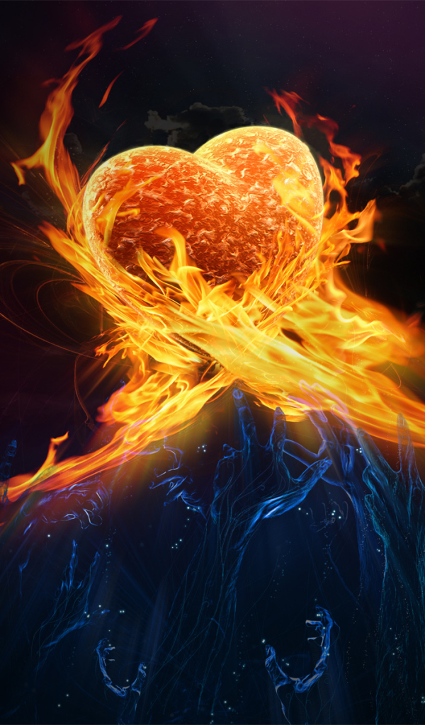 Download mobile wallpaper Fire, Love, Hand, Heart, Artistic, Orange (Color) for free.