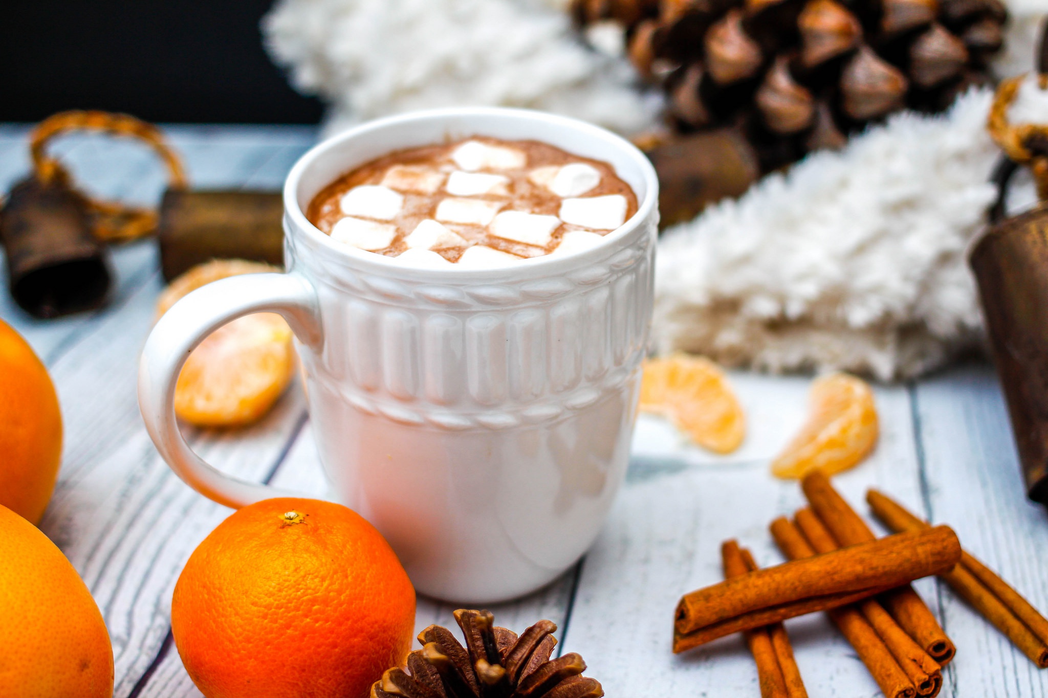Download mobile wallpaper Food, Still Life, Cinnamon, Cup, Drink, Marshmallow, Mandarin, Hot Chocolate for free.