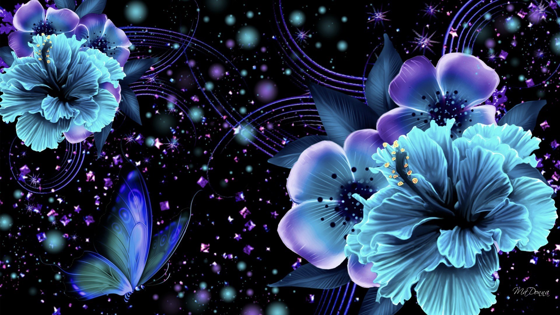 Скачать картинку Цветок, Синий, Бабочка, Блестки, Пурпурный, Художественные, Флауэрсы в телефон бесплатно.