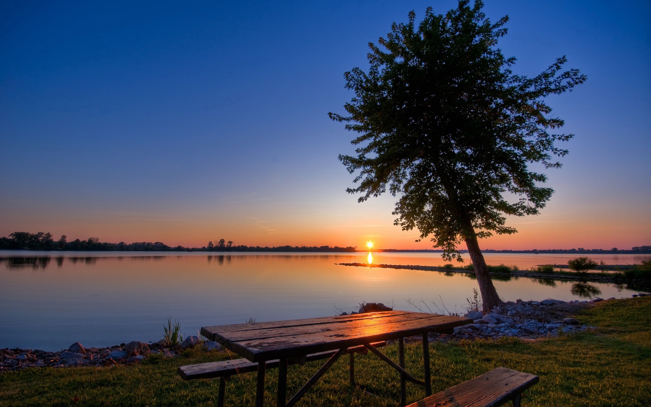romance, nature, sunset, lake, shore, bank, wood, tree, evening, table, benches