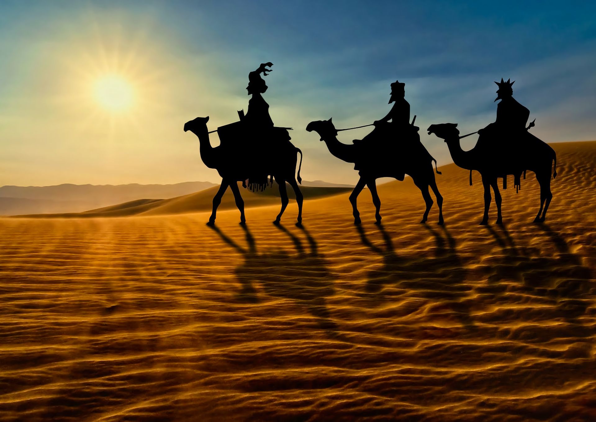 Скачати мобільні шпалери Сонце, Різдво, Пустеля, Свято, Верблюд, Три Мудреці безкоштовно.