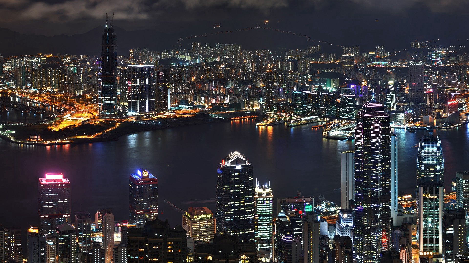 140182 descargar fondo de pantalla ciudades, ríos, noche, asia, rascacielos, vista desde arriba, luces de la ciudad: protectores de pantalla e imágenes gratis