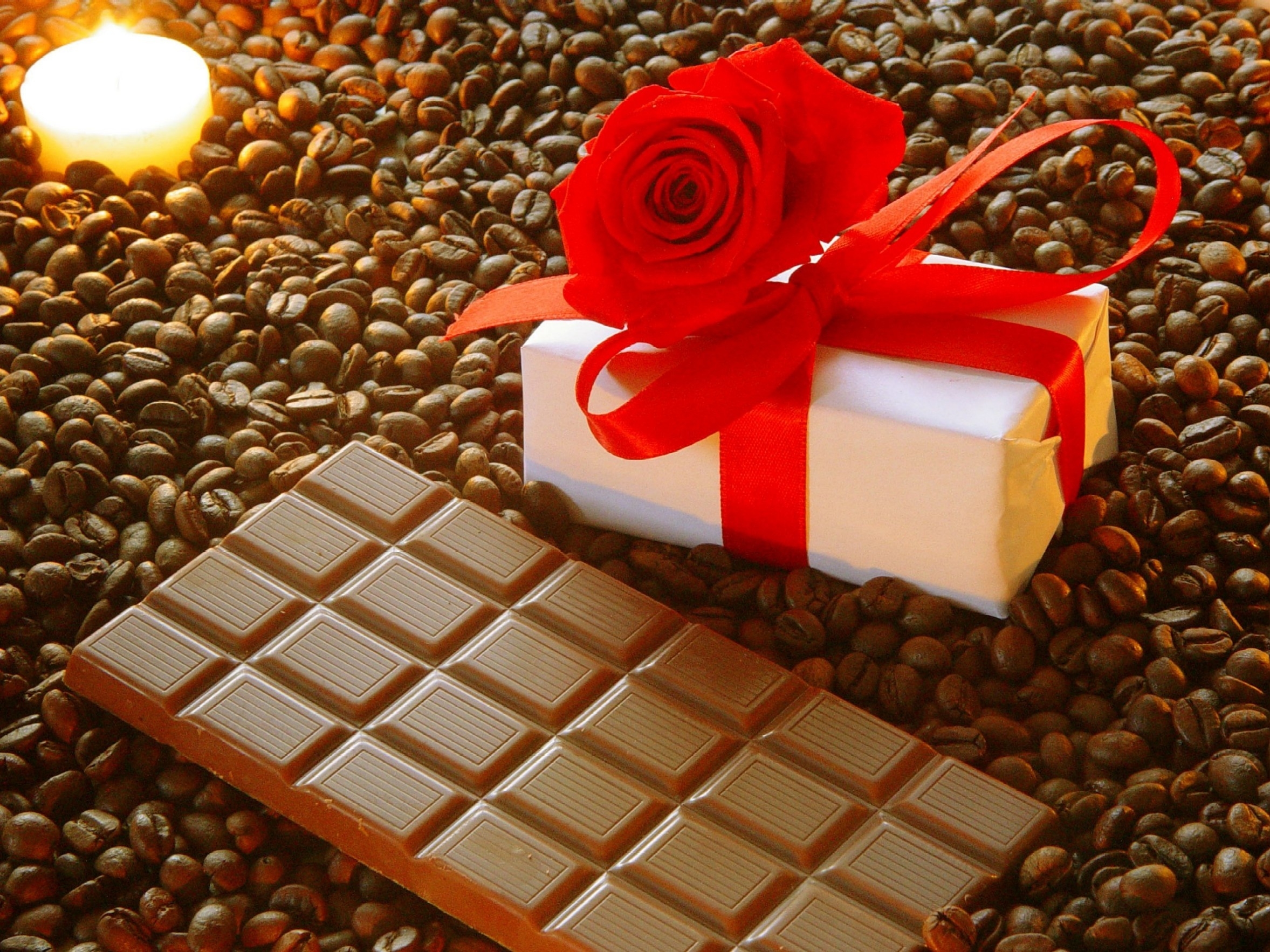 romance, rose flower, food, chocolate, coffee, rose, holiday, present, gift, bow, grains, candle, grain