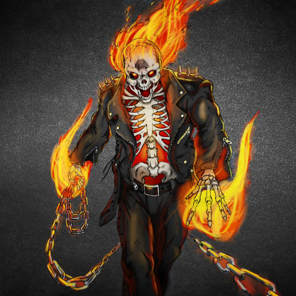 comics, ghost rider, painting, chain, skull, fire, leather, skeleton desktop HD wallpaper
