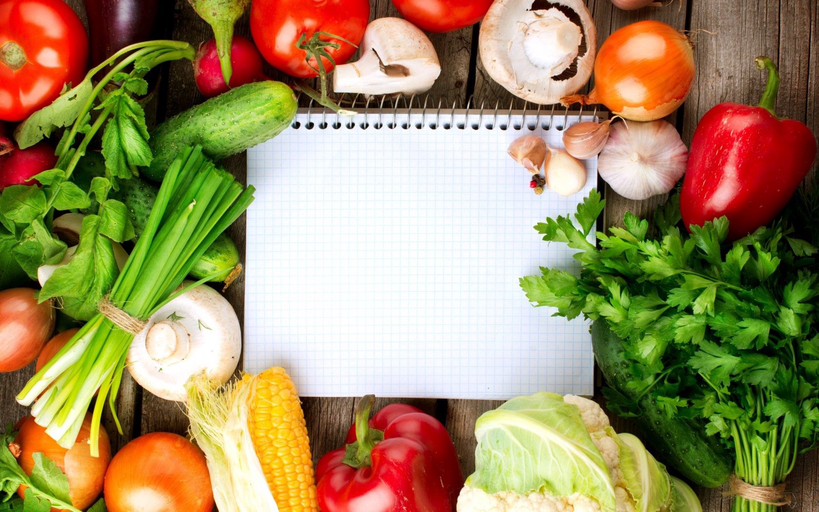 food, vegetables, greens, notebook, corn, tomatoes, garlic, maize, mushrooms, cauliflower, champignon, cucumbers, paprika, red pepper