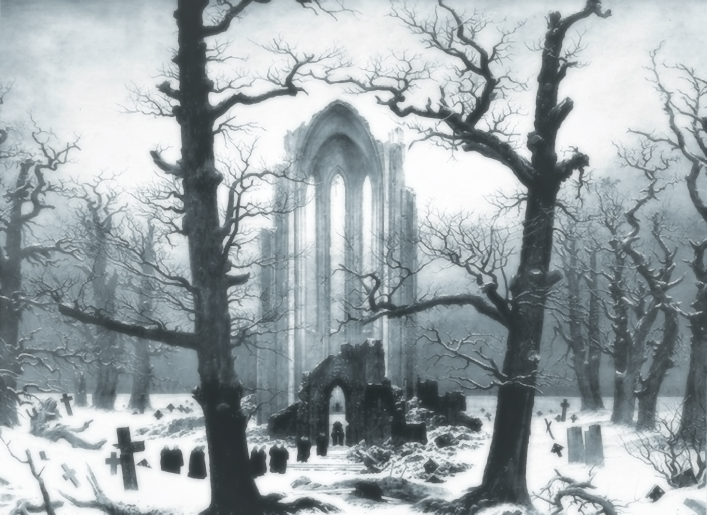 1074637 завантажити картинку темний, цвинтар, фантазія, могильник, руїни, сніг, дерево, зима - шпалери і заставки безкоштовно